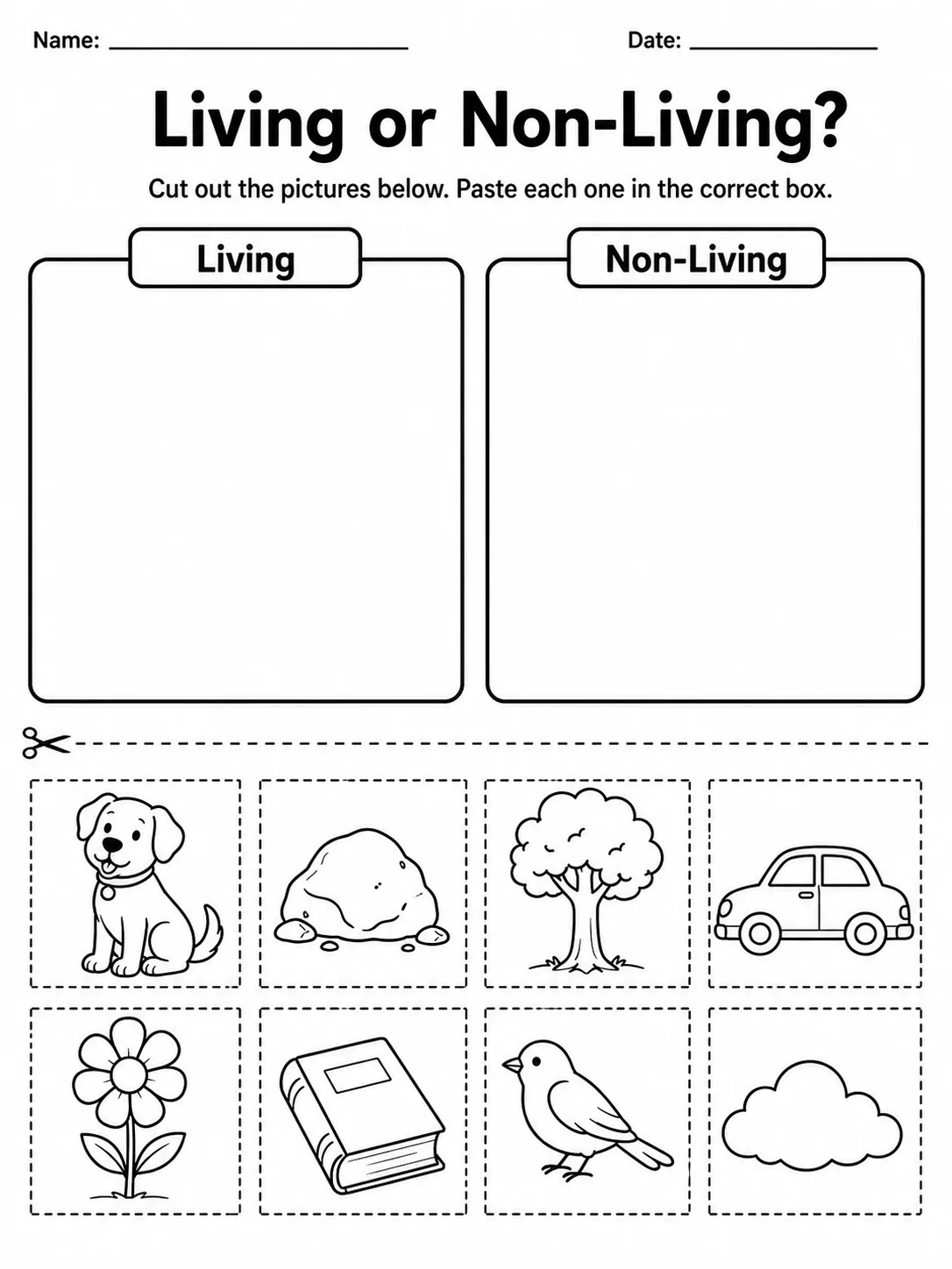 Printable cut-and-paste sorting worksheet for classifying living and non-living things.