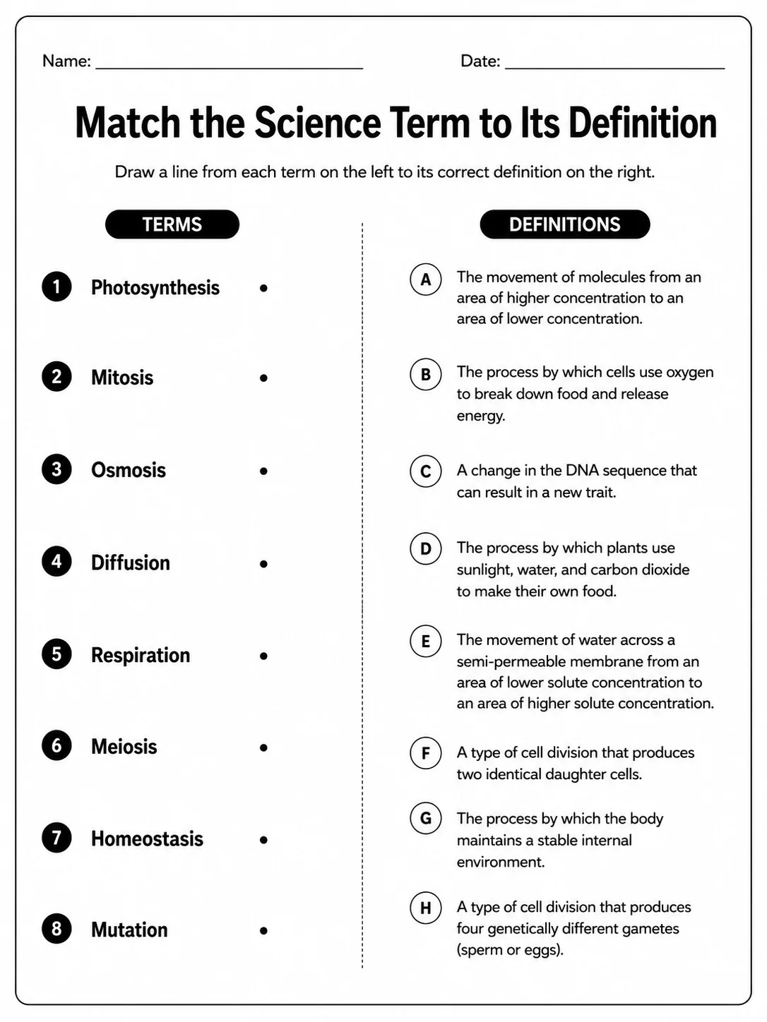 Printable matching worksheet pairing vocabulary terms with their definitions.