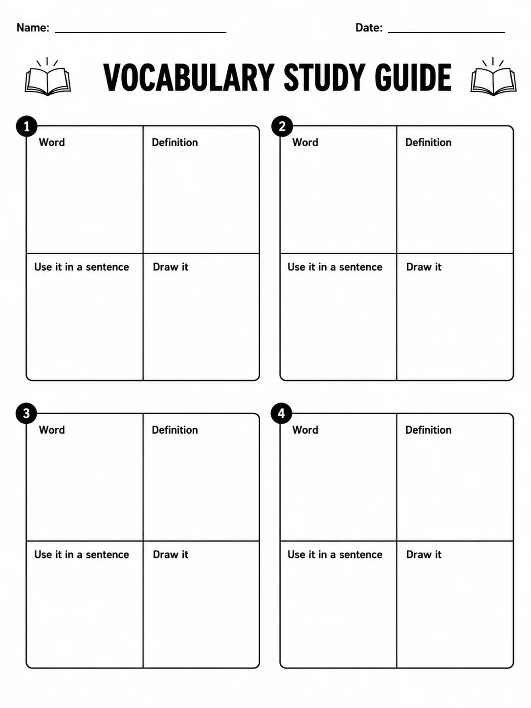 Printable vocabulary worksheet with definition, sentence, and illustration boxes for each word.