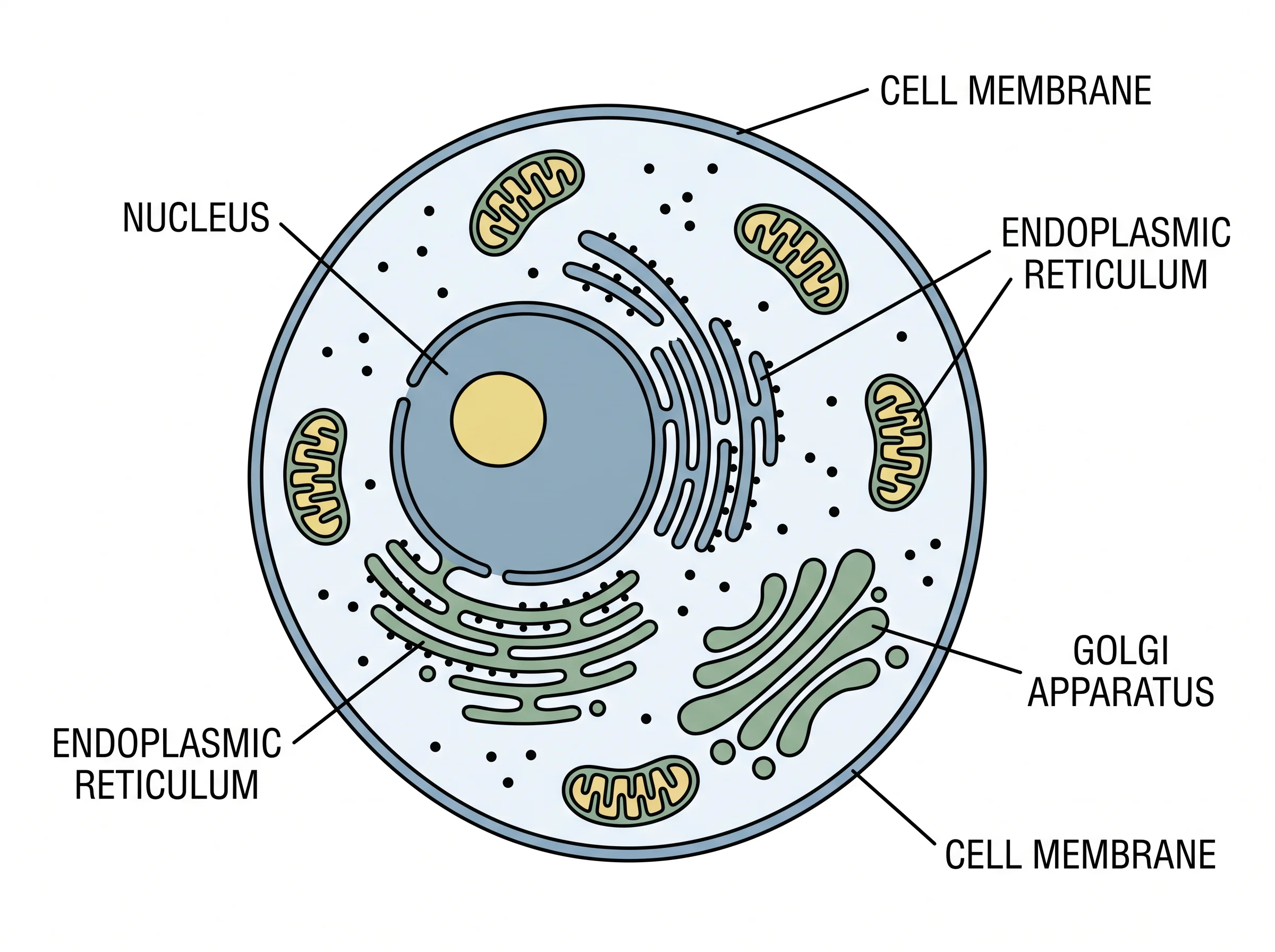Labeled biology drawing of an animal cell with nucleus, mitochondria, and organelles.