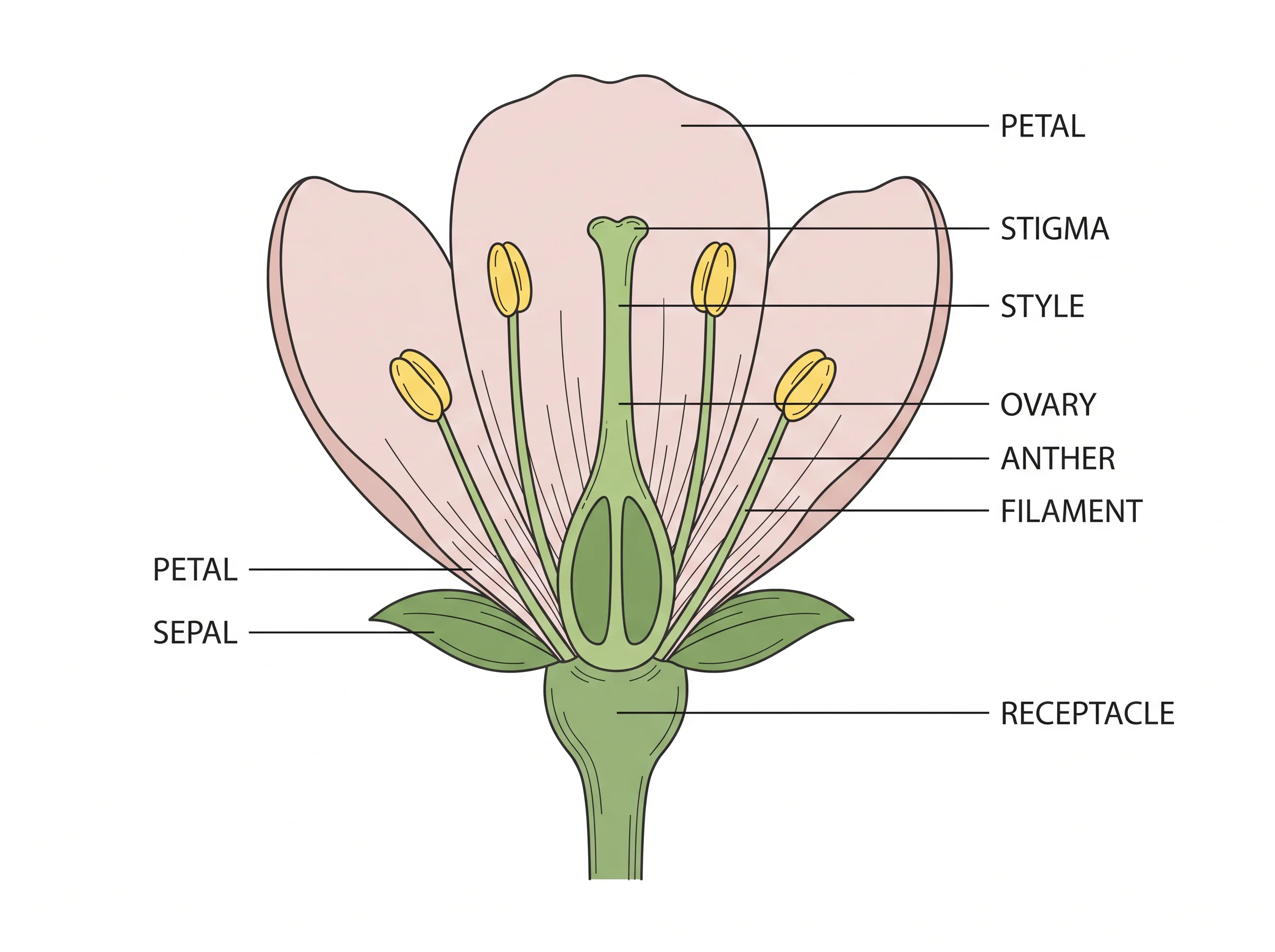 Labeled biology drawing of a flower showing petals, stamen, pistil, and sepal.