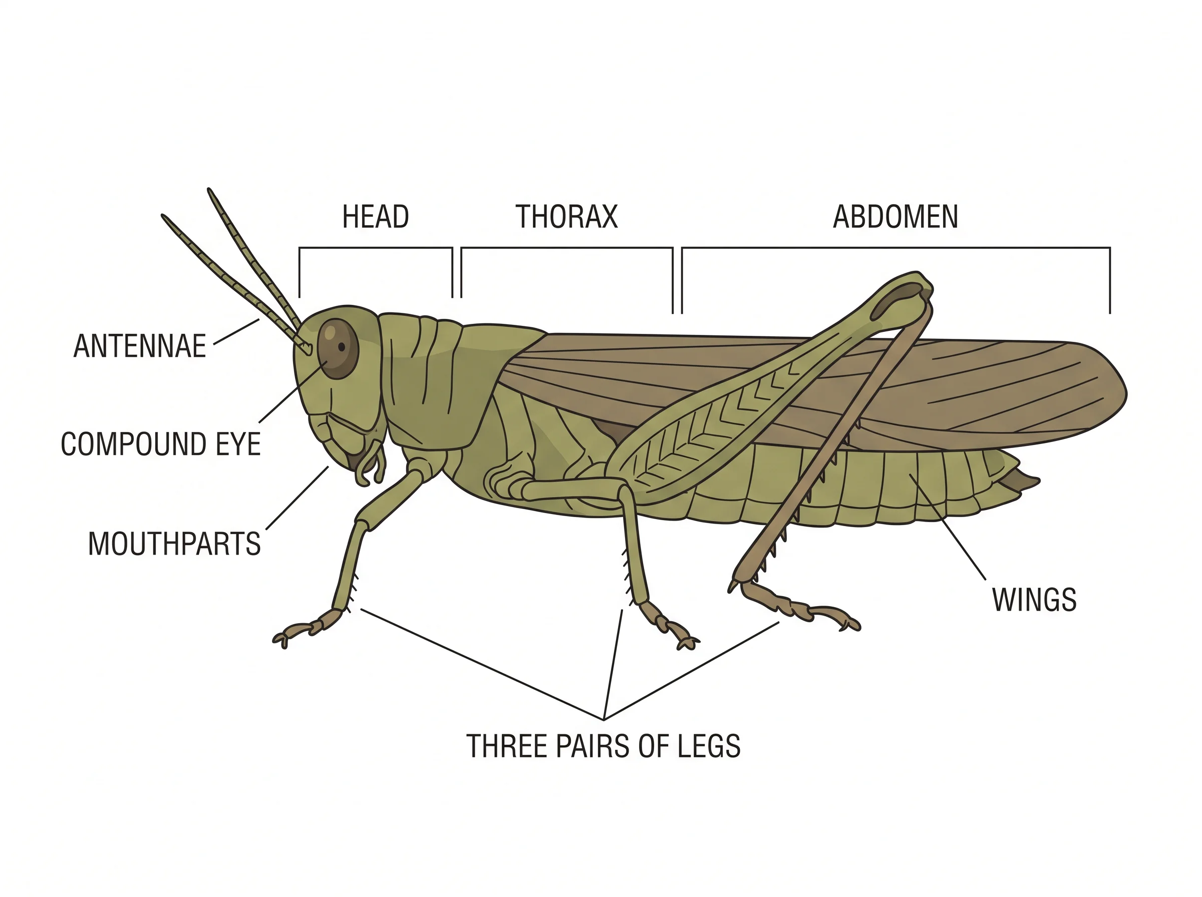Labeled biology drawing of insect anatomy showing head, thorax, abdomen, and legs.