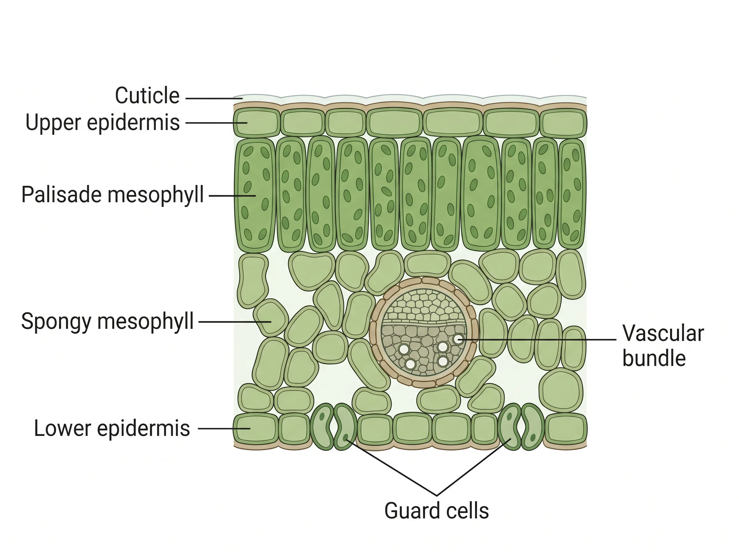 Labeled cross-section biology drawing of a plant leaf showing cell layers.