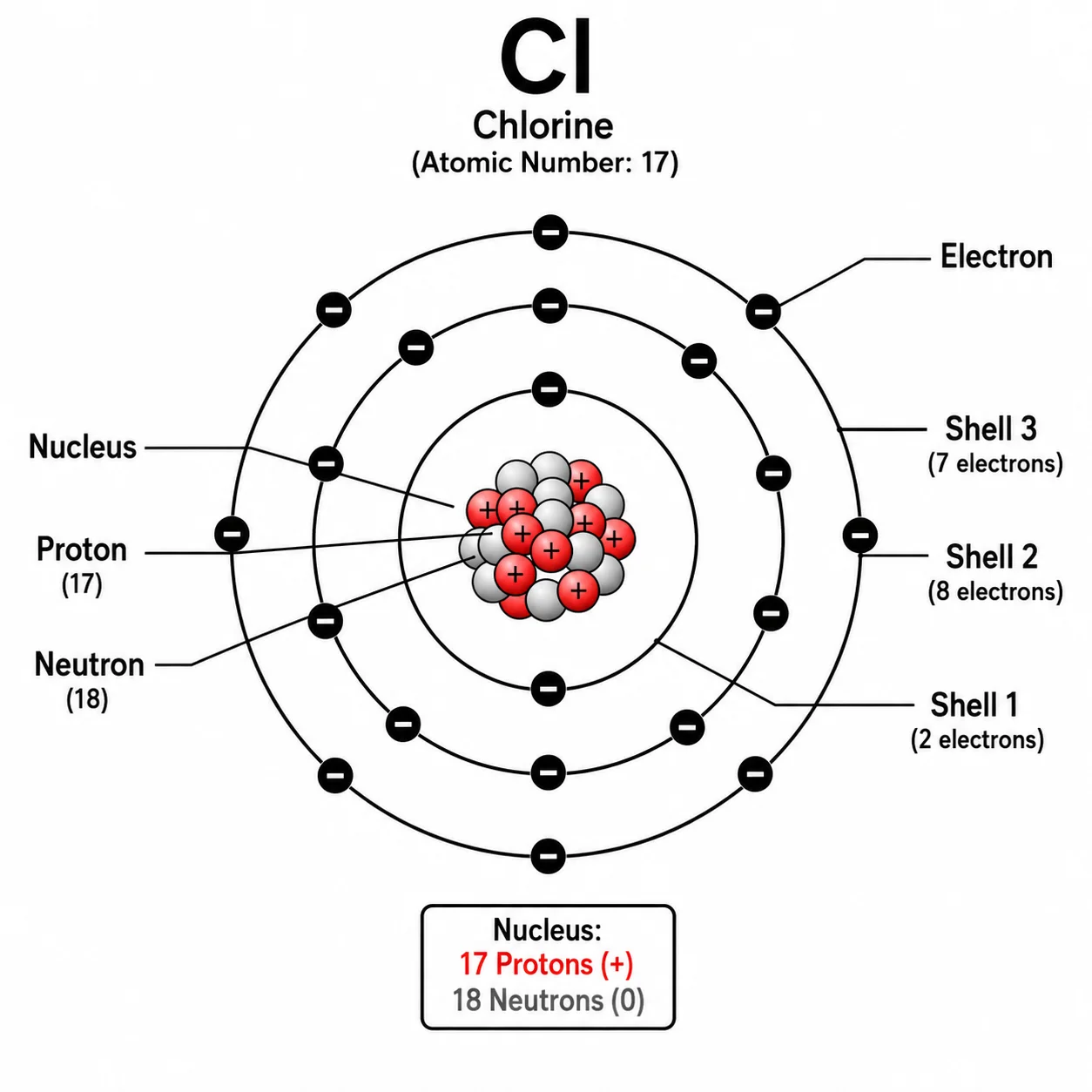 Fully labeled Bohr model with callout labels for nucleus, protons, neutrons, electrons, and electron shells.