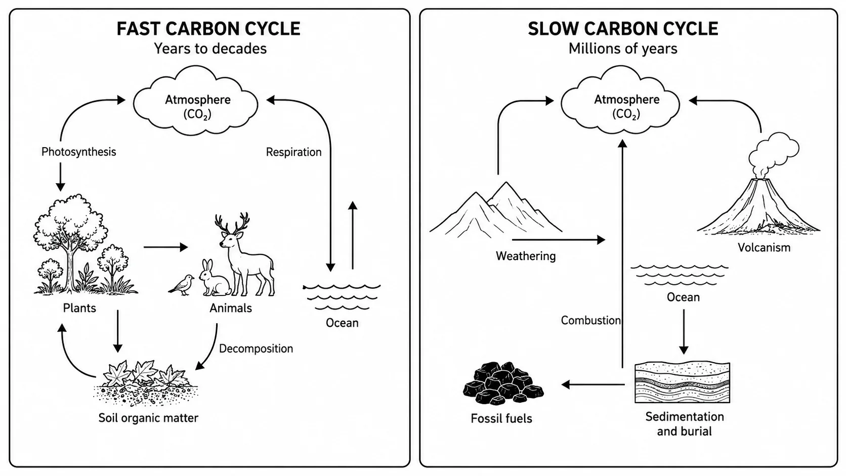 Diagram comparing the fast biological carbon cycle and the slow geological carbon cycle side by side.