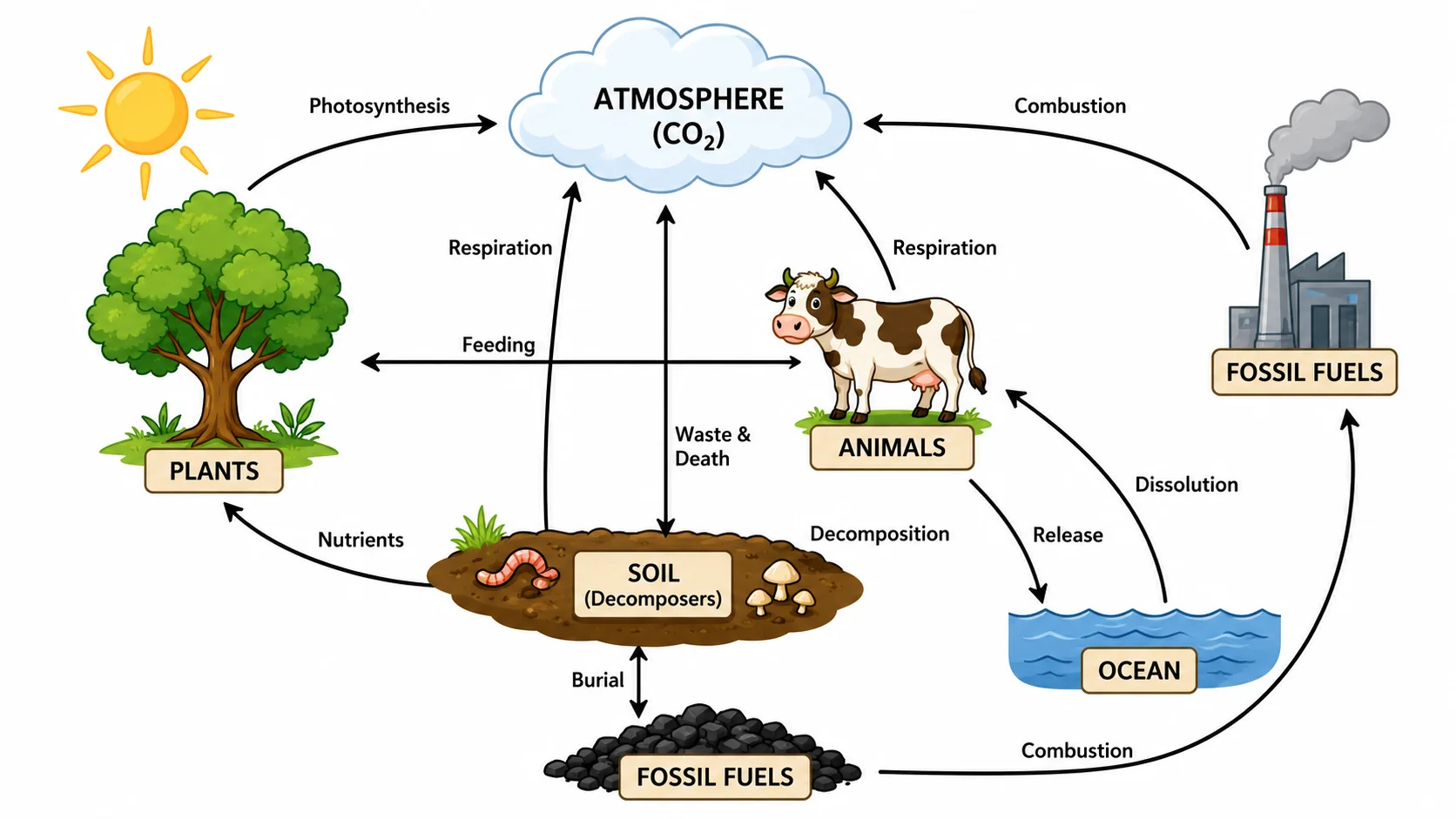 Simple colorful carbon cycle diagram for kids showing sun, tree, animal, and factory with large text labels.