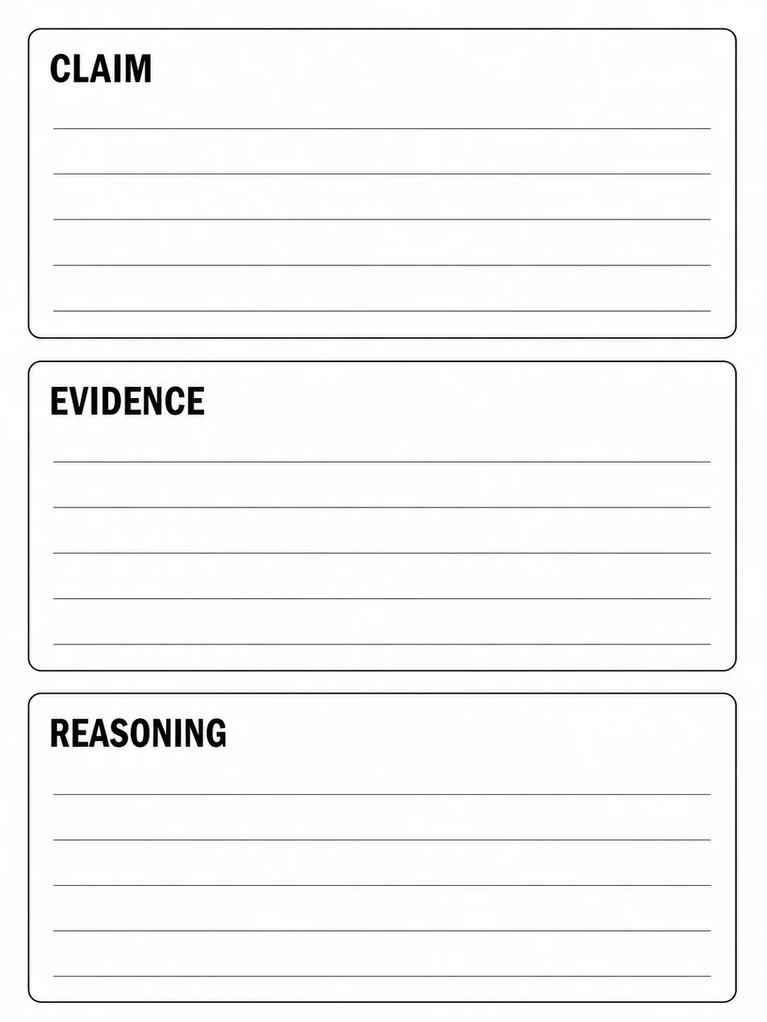 Blank claim evidence reasoning template with three empty boxes labeled Claim, Evidence, and Reasoning.