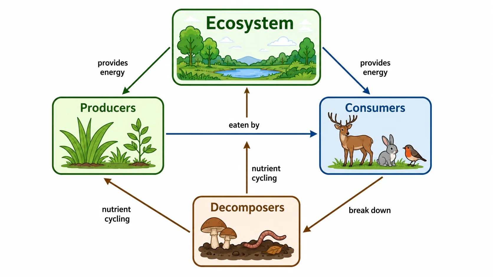 Concept map of an ecosystem linking producers, consumers, decomposers and energy flow.