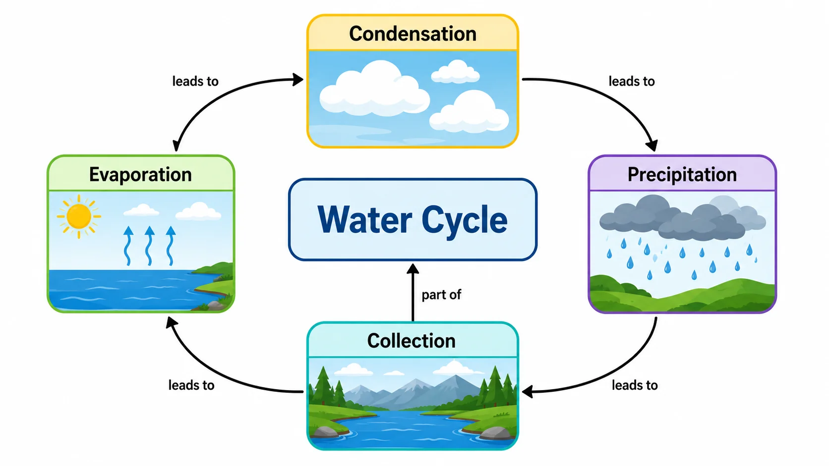 Concept map of the water cycle connecting evaporation, condensation, precipitation and collection.