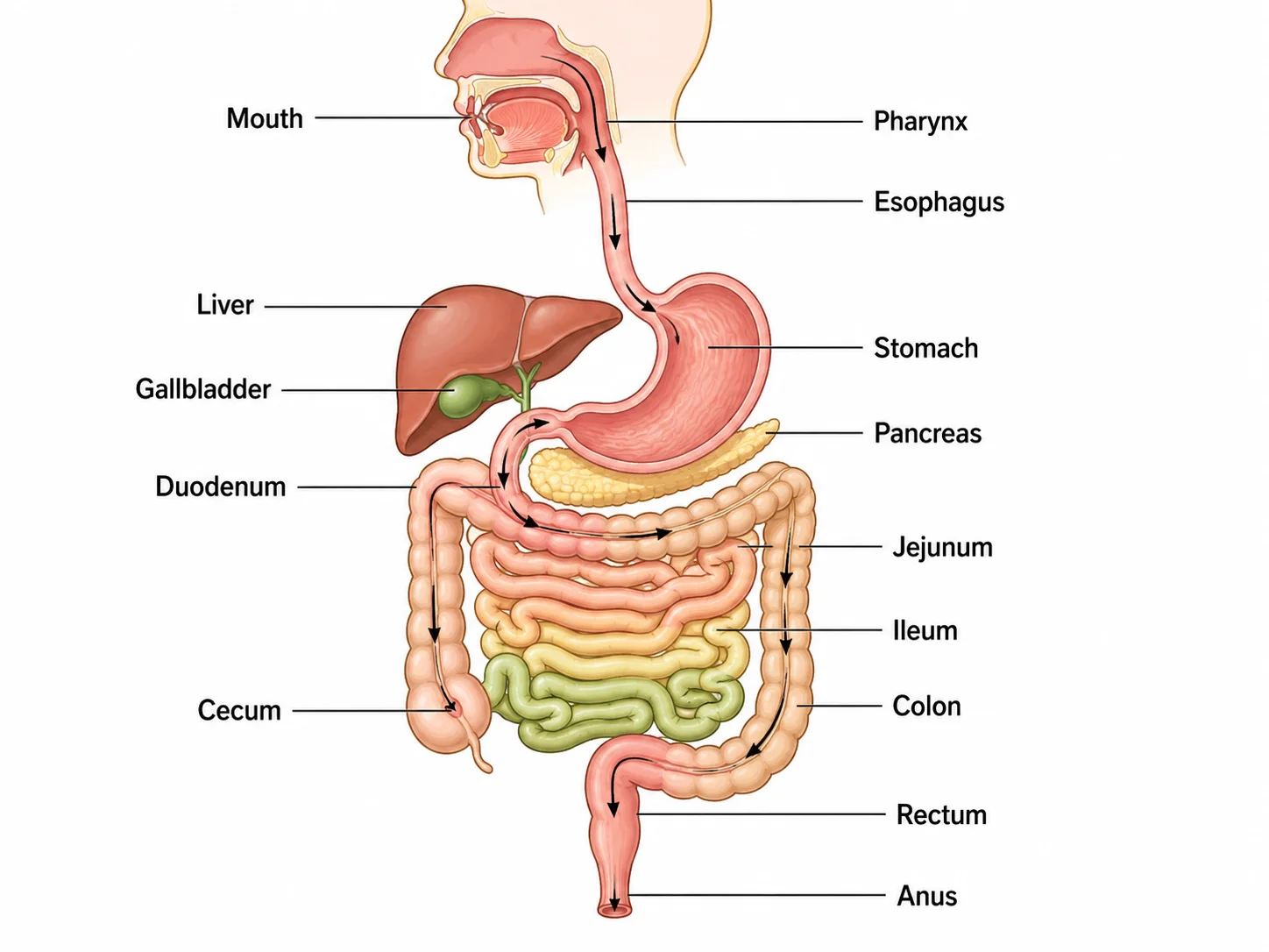 Diagram tracing the alimentary canal path from mouth through esophagus, stomach, intestines to anus.
