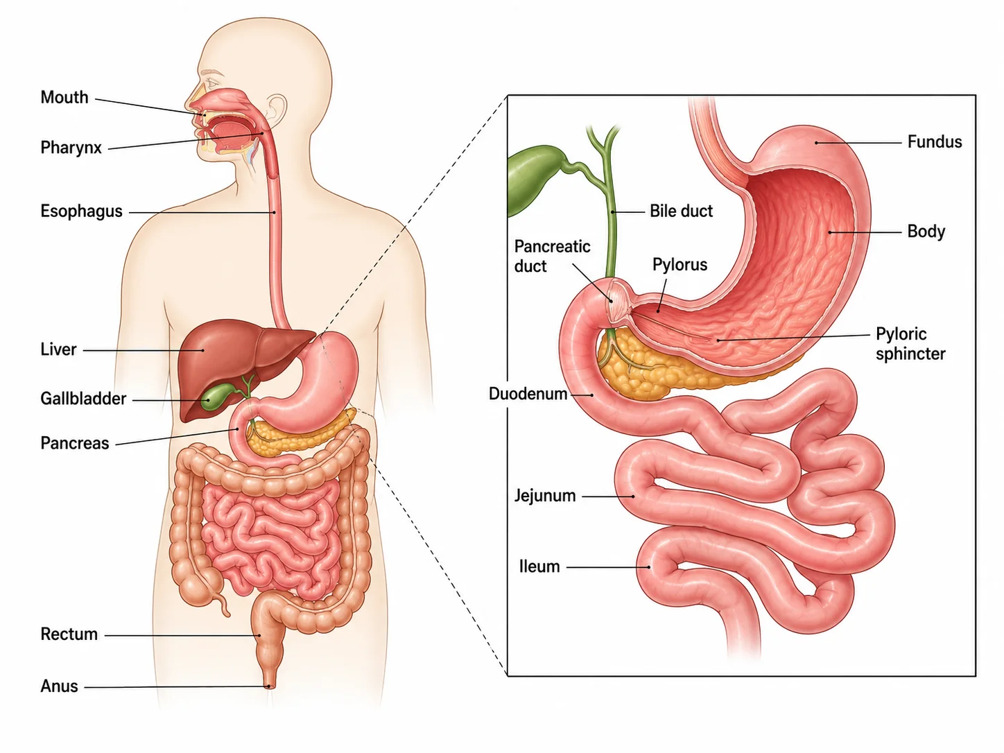 Detailed close-up diagram of the stomach and small intestine with internal structures labeled.