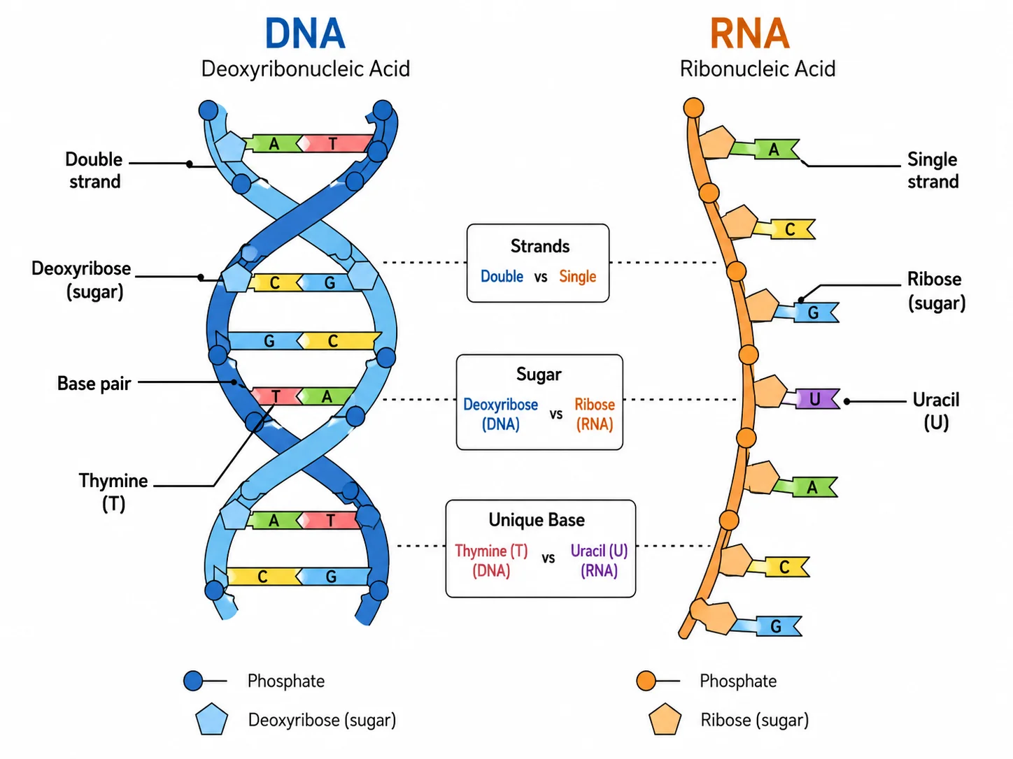 Side-by-side labeled comparison diagram of DNA and RNA structure.
