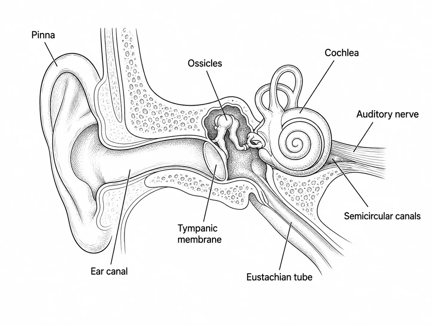Blank unlabeled ear diagram with numbered leader lines for student worksheets.