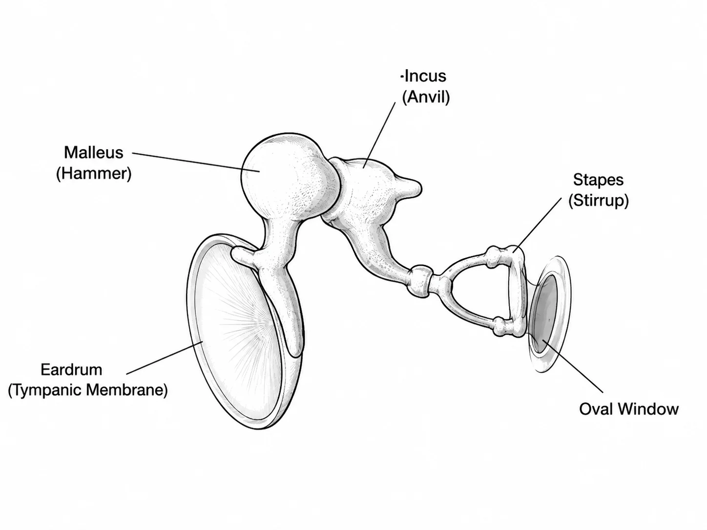 Diagram of the three middle ear ossicles: malleus, incus, and stapes with labels.