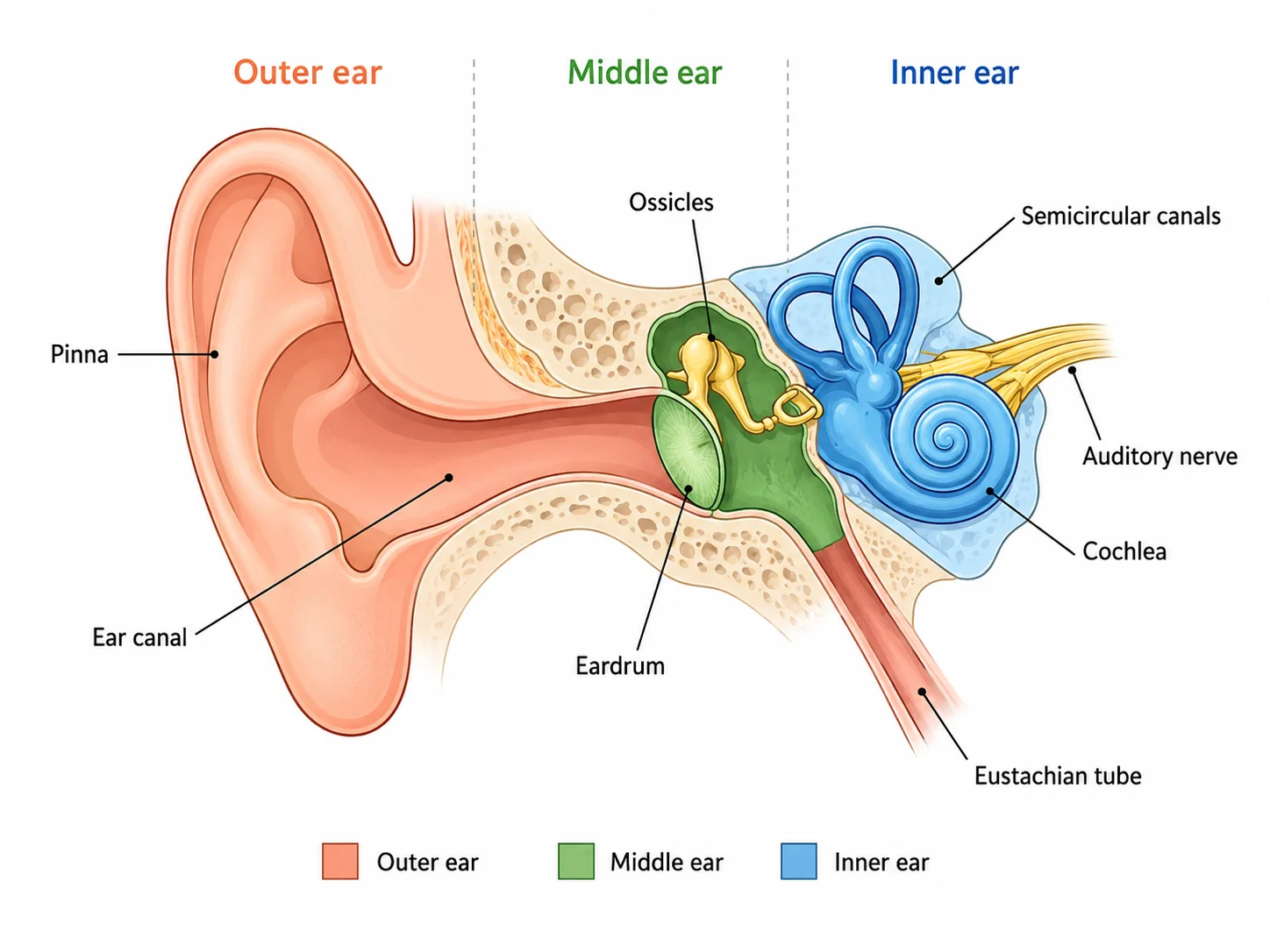 Human ear diagram with outer, middle, and inner ear regions highlighted in distinct colors.