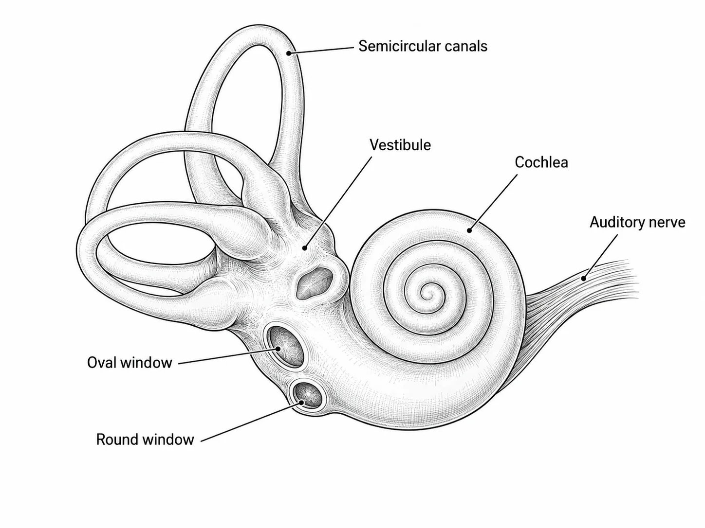 Detailed close-up diagram of the inner ear showing the cochlea and semicircular canals.
