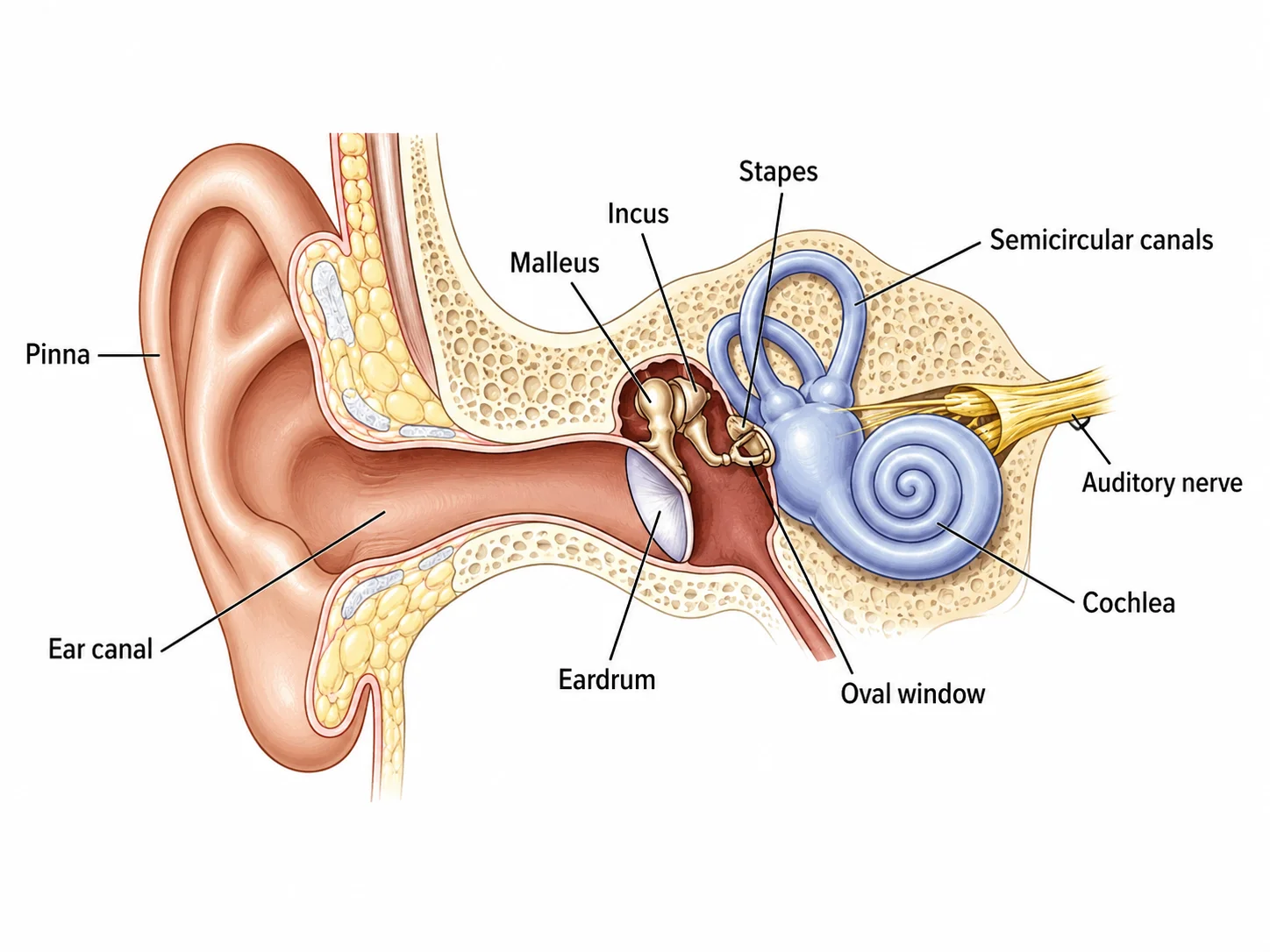 Labeled cross-section of the human ear showing outer, middle, and inner ear structures.