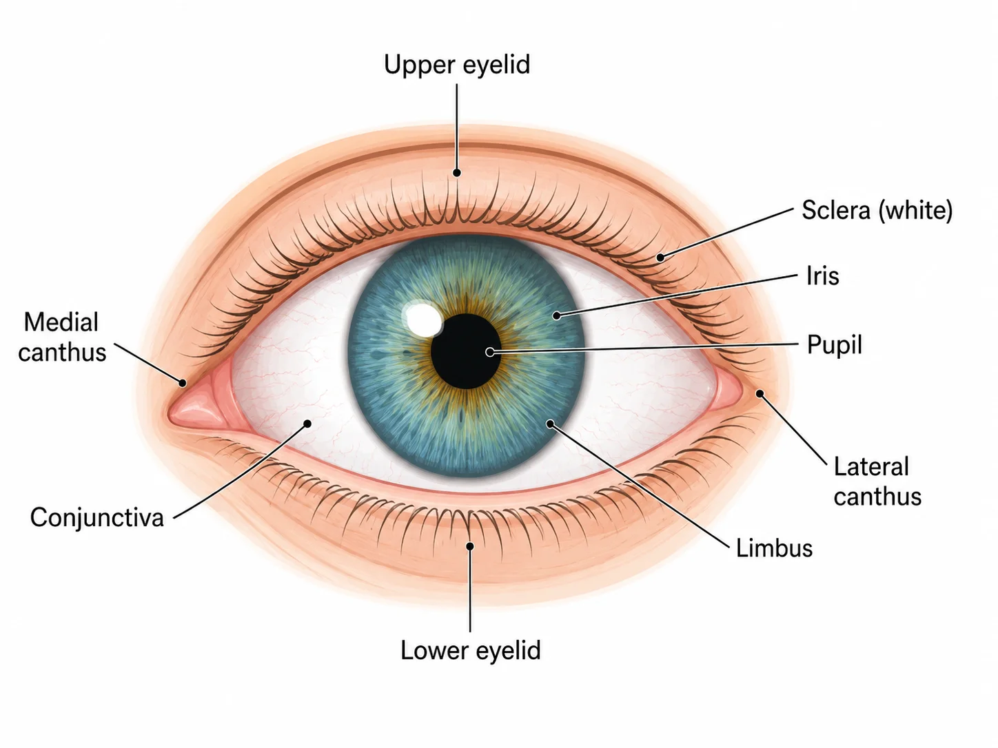Front-view diagram of the human eye labeling the sclera, iris, pupil, limbus, and conjunctiva.