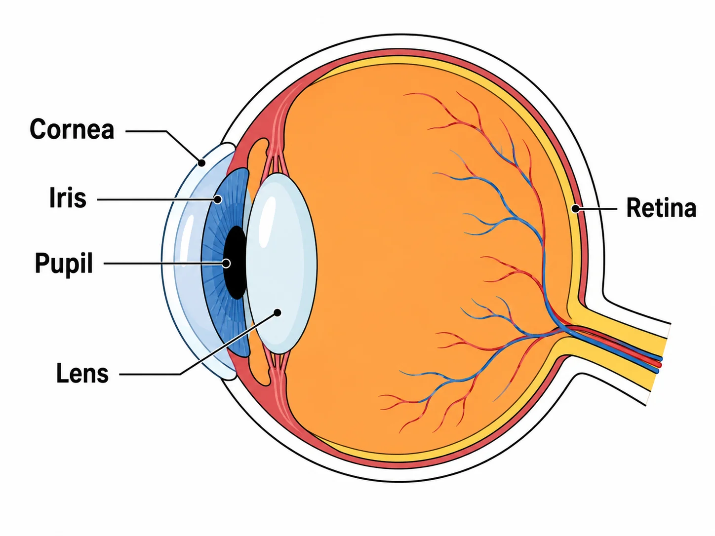 Kid-friendly simplified eye diagram with large clear labels for cornea, iris, pupil, lens, and retina.