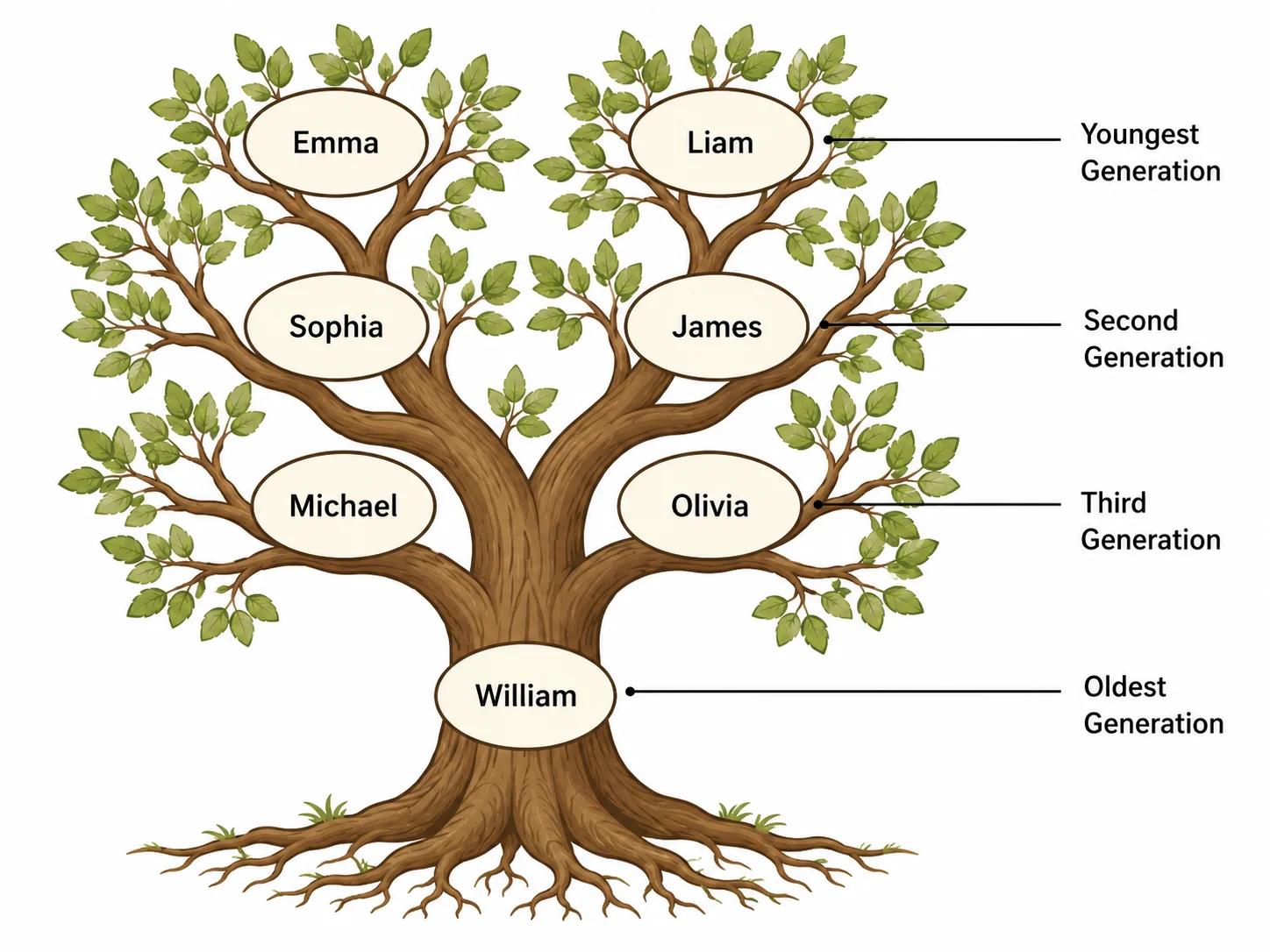 Decorative family tree shaped like a real tree with name labels on branches.