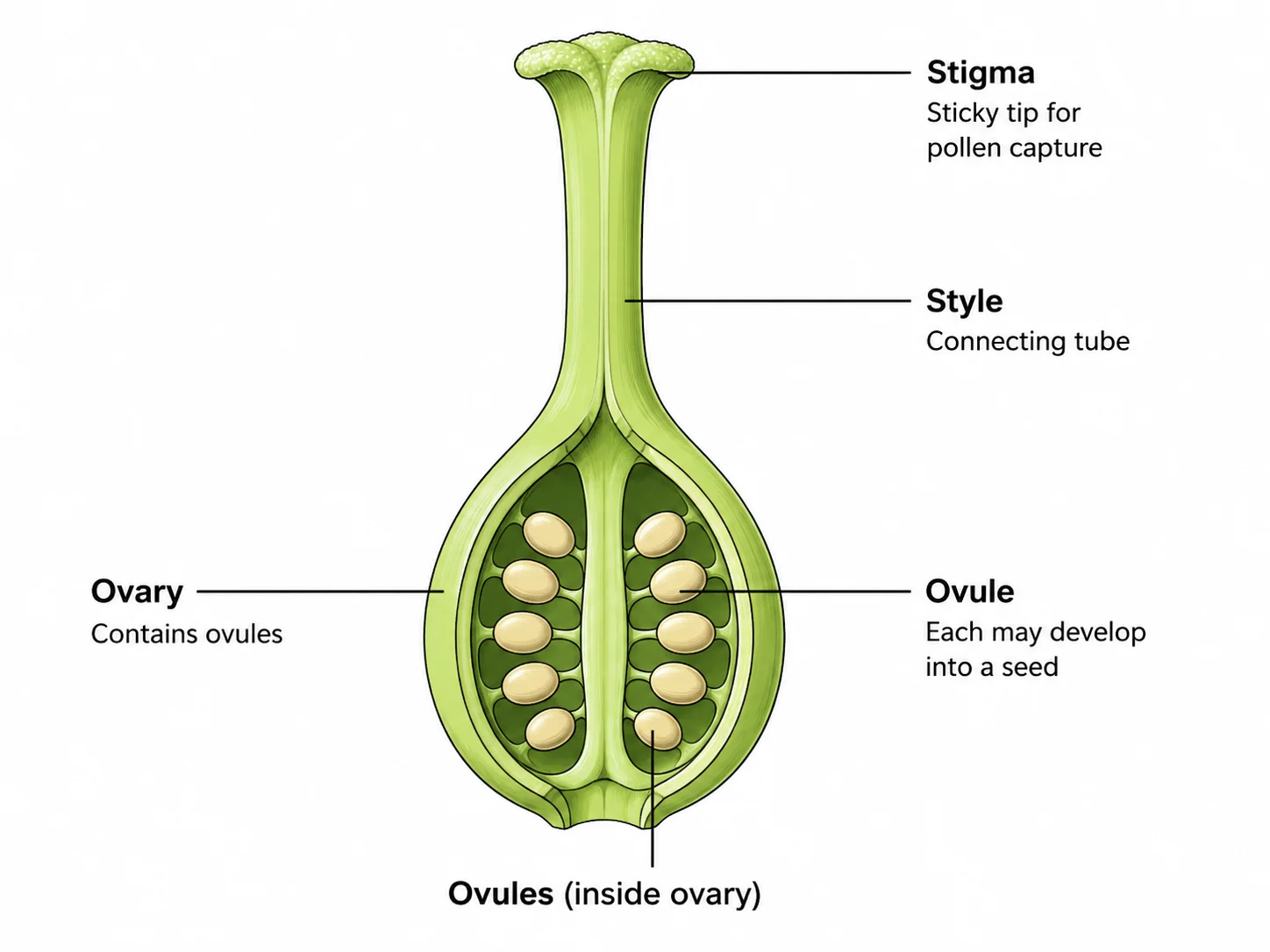 Labeled diagram of the pistil showing stigma, style, and ovary.