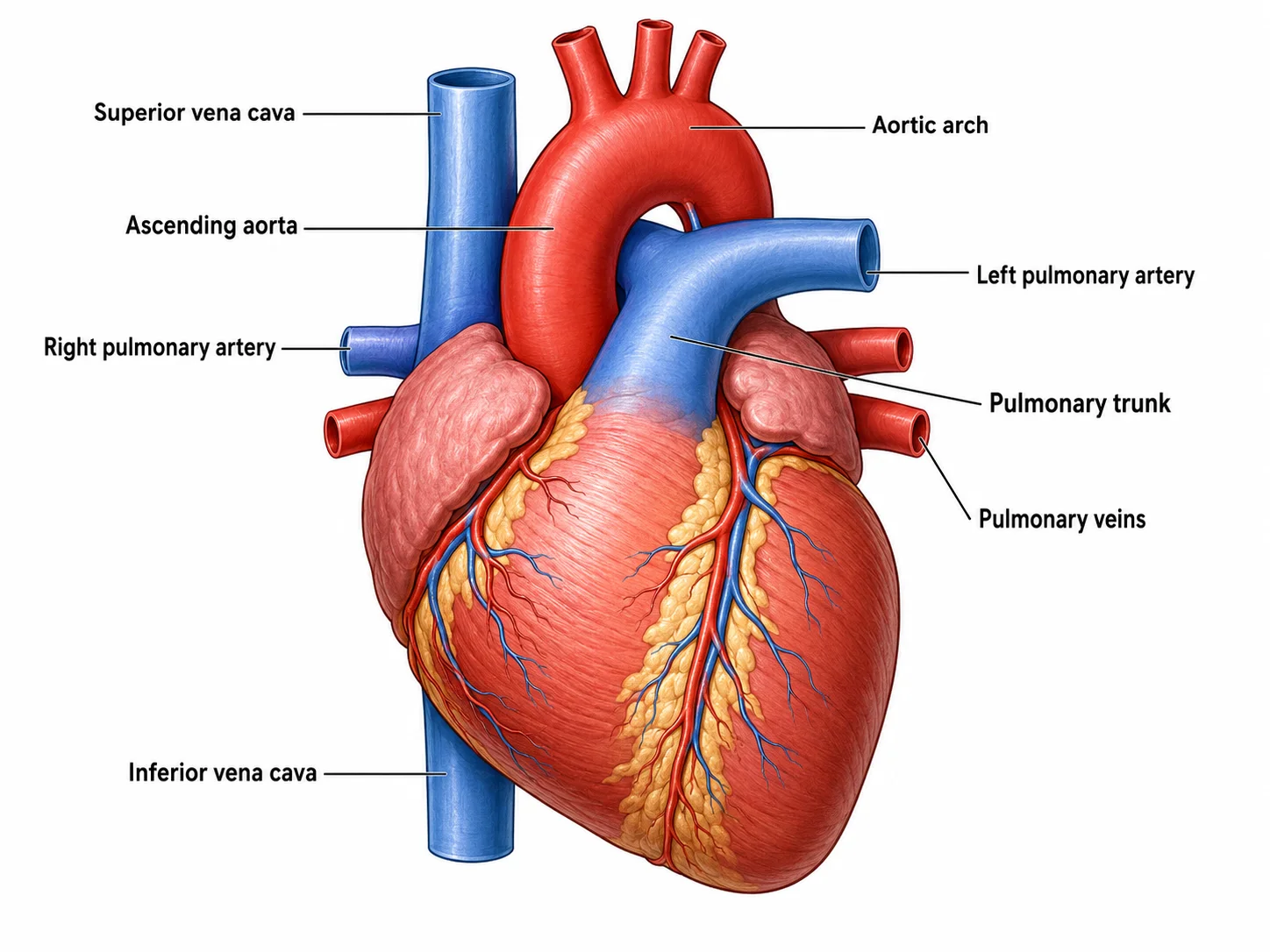 Heart diagram emphasizing the aorta, vena cava, pulmonary artery, and pulmonary veins.