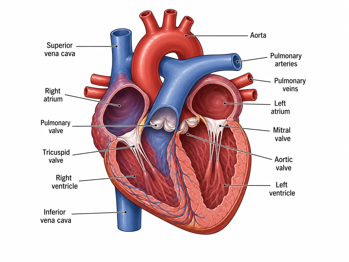Fully labeled human heart diagram showing all four chambers, four valves, and major vessels.