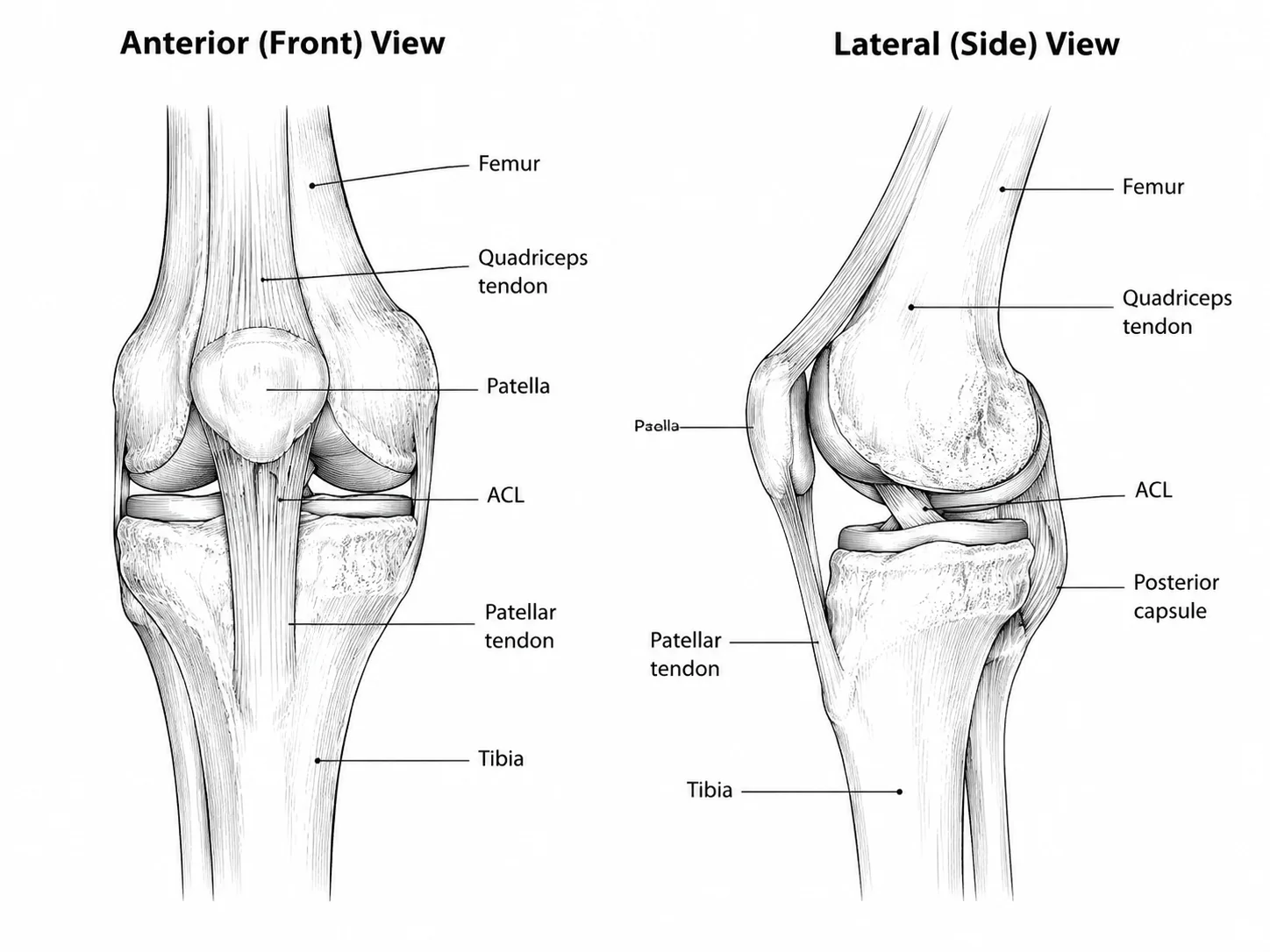 Side-by-side anterior and lateral view knee anatomy diagrams with labels.