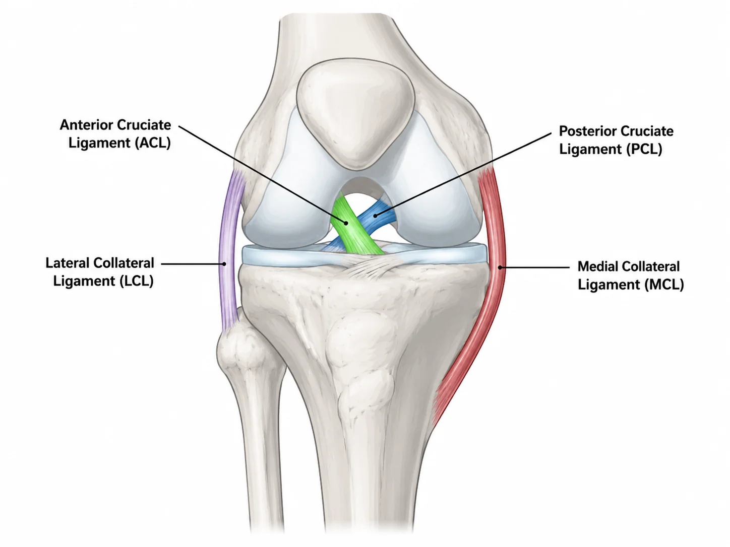 Knee ligament diagram highlighting the ACL, PCL, MCL, and LCL.