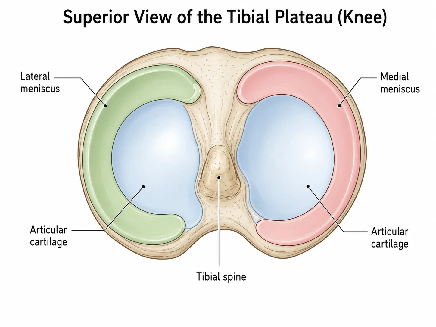 Knee anatomy diagram showing the medial and lateral menisci and articular cartilage layers.