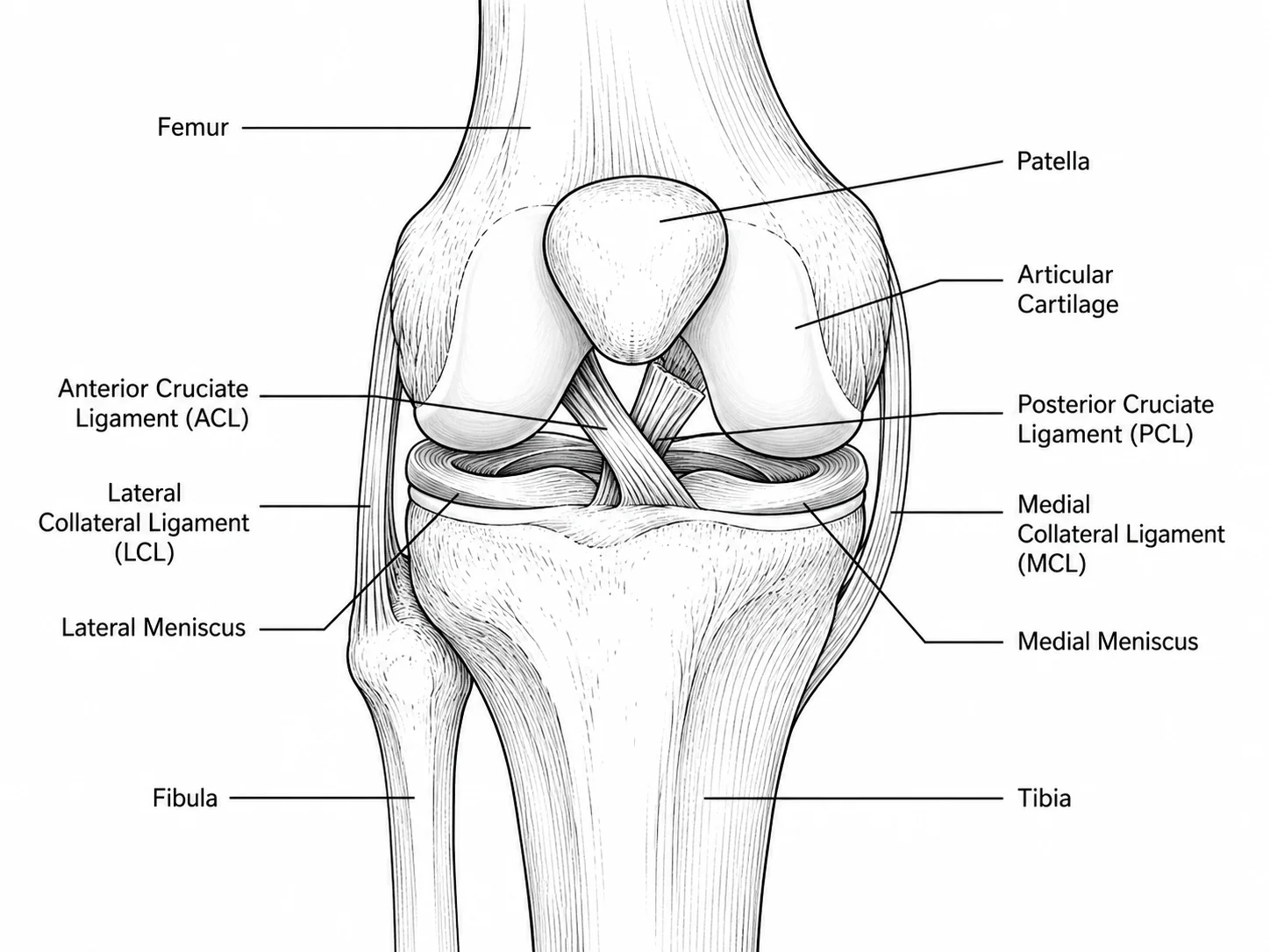 Labeled knee joint anatomy diagram showing femur, tibia, patella, and key ligaments.