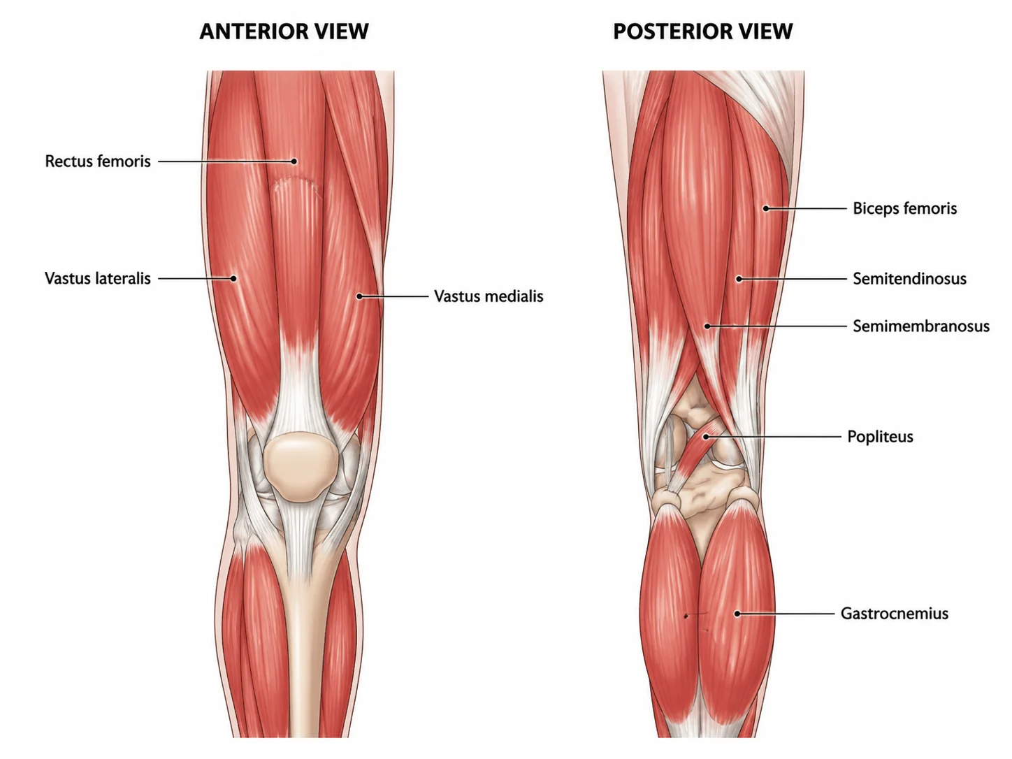 Diagram of muscles surrounding the knee including quadriceps, hamstrings, and calf muscles.