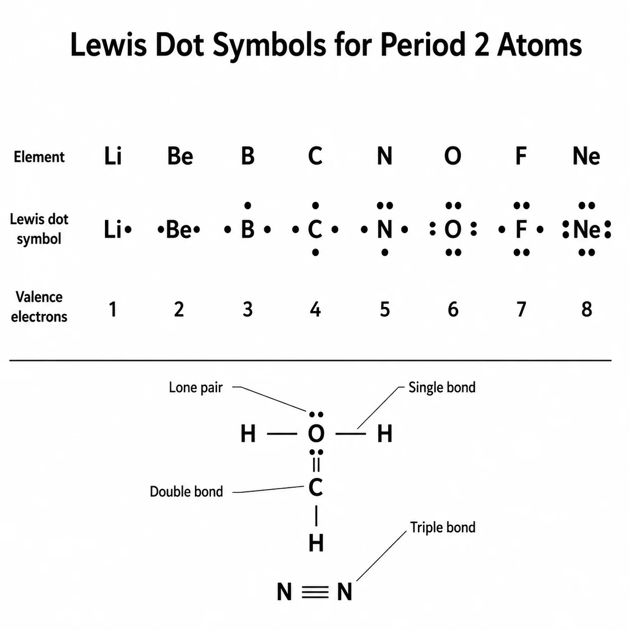 Lewis electron dot symbols for Period 2 elements from Li to Ne showing valence electrons as dots.