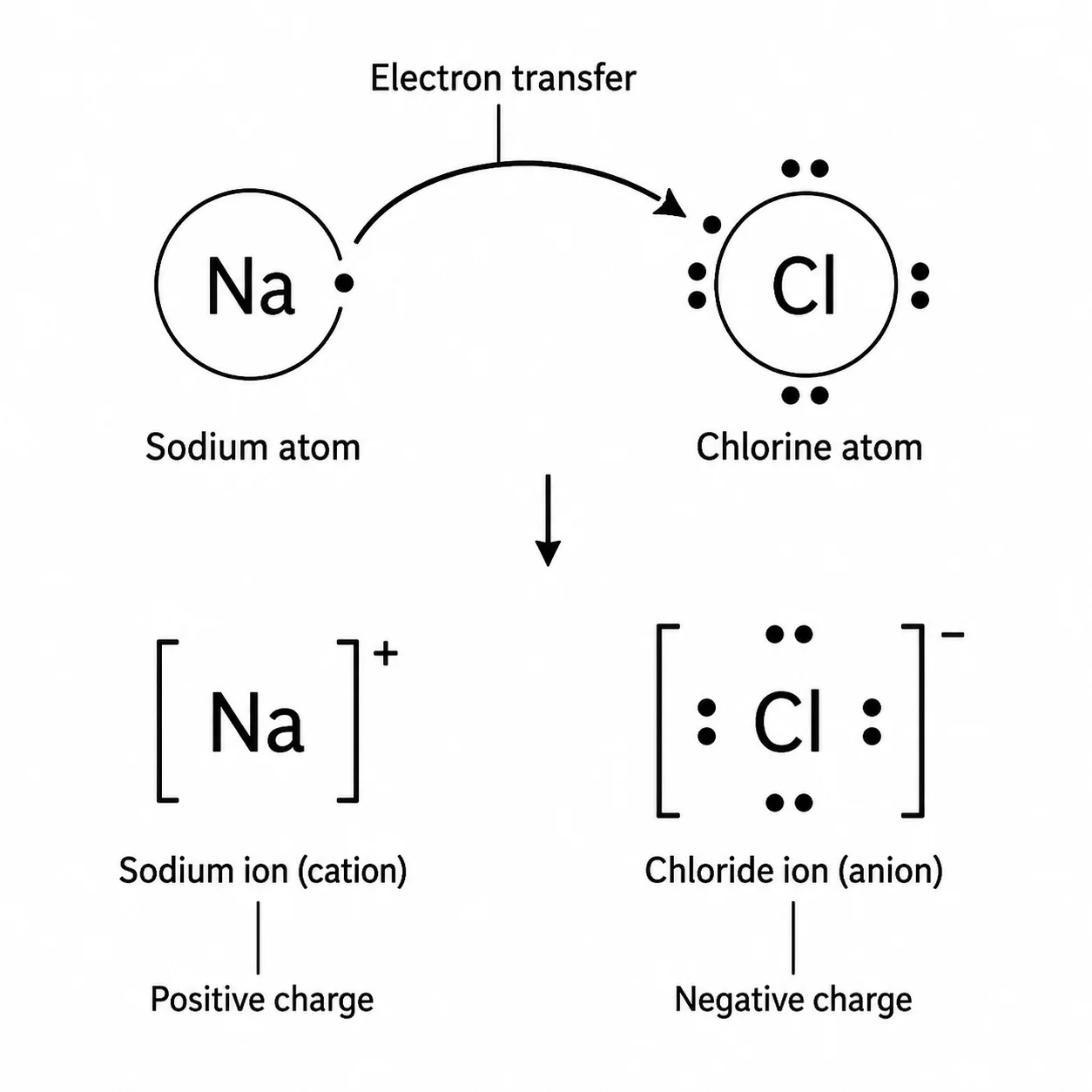 Lewis dot diagram showing electron transfer from sodium to chlorine forming NaCl ionic bond.