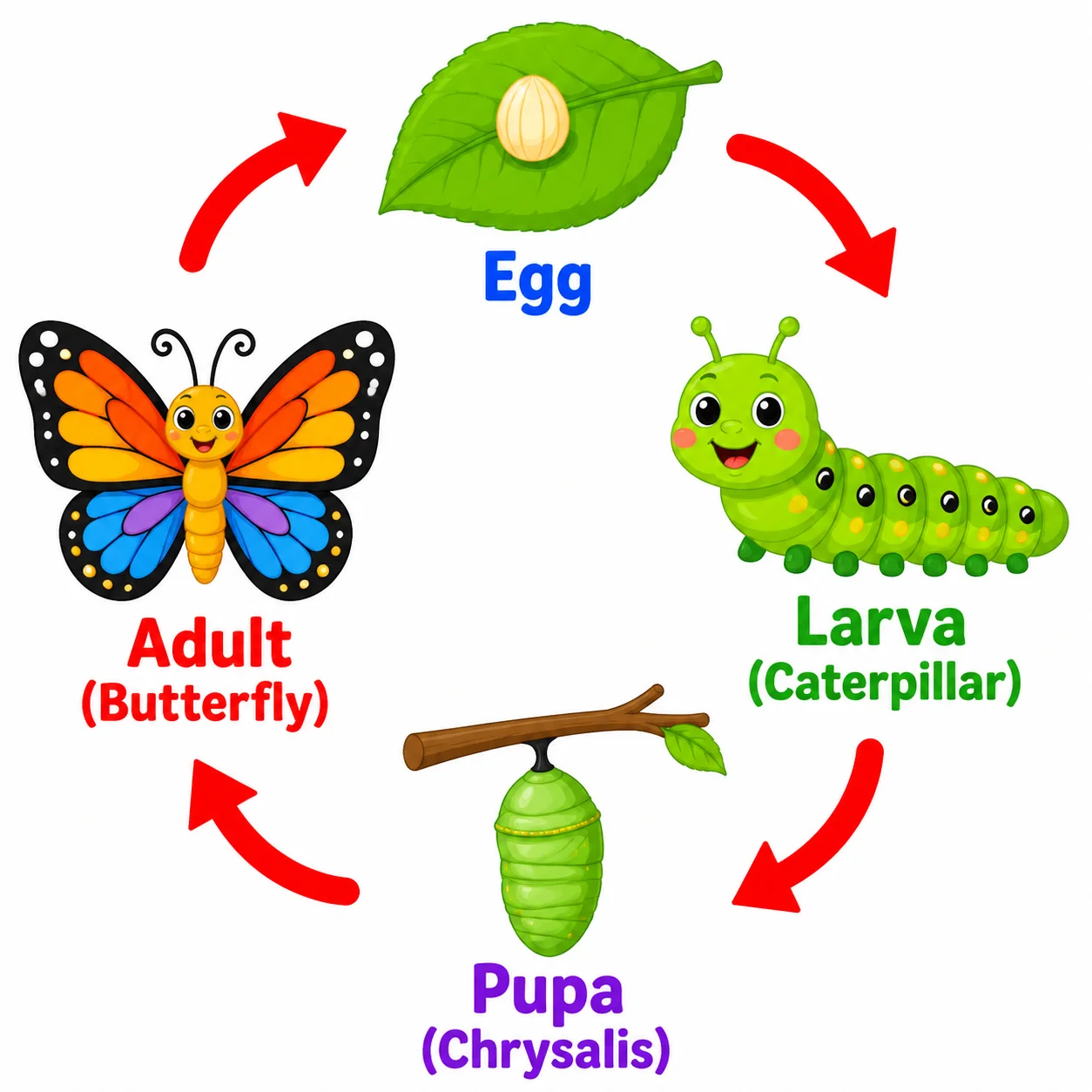 A simple, colorful butterfly life cycle diagram for young learners with large readable labels.