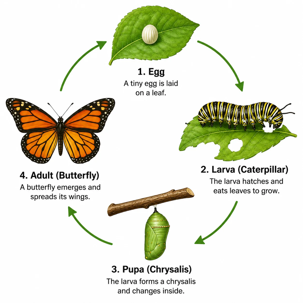 A butterfly life cycle diagram focused on the four stages: egg, larva, pupa, and adult.