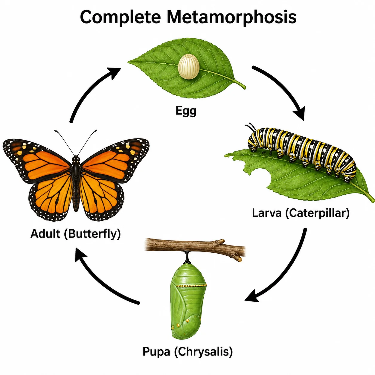 A butterfly metamorphosis diagram showing the change from egg to larva to pupa to adult in a circle.
