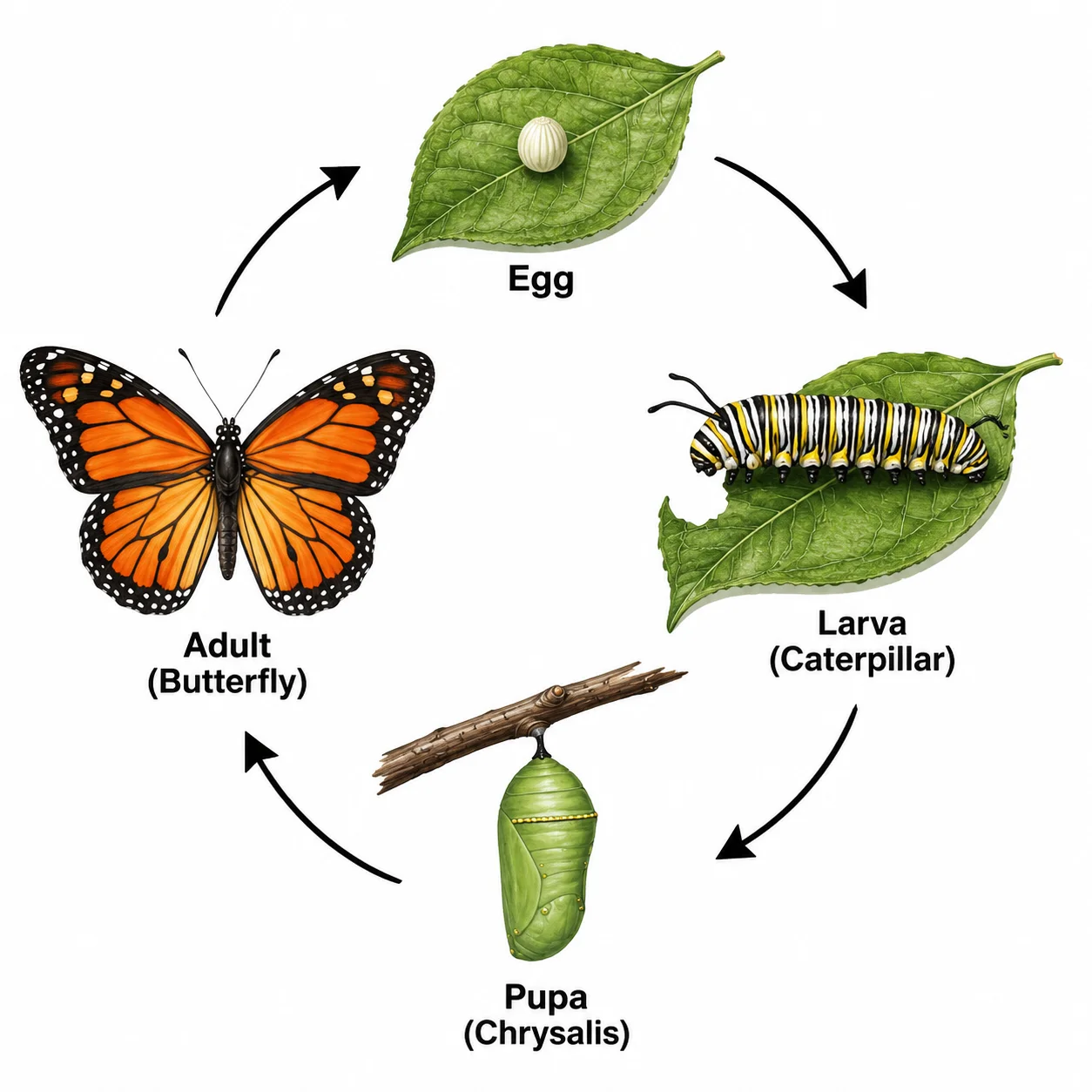 A labeled butterfly life cycle diagram showing egg, larva, pupa, and adult in a circle with clockwise arrows.