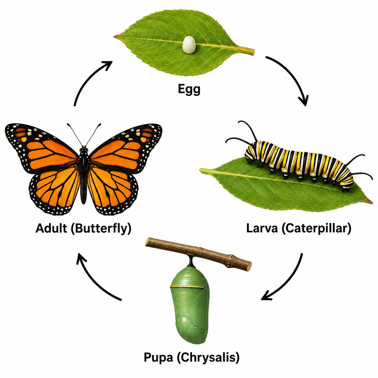 A labeled monarch butterfly life cycle diagram showing egg, larva, pupa, and adult in a circle.