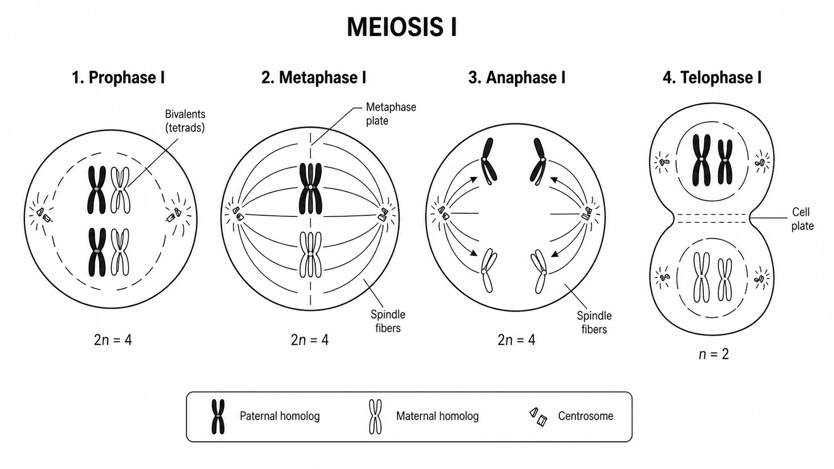 Labeled diagram of the four phases of Meiosis I: prophase I, metaphase I, anaphase I, and telophase I.