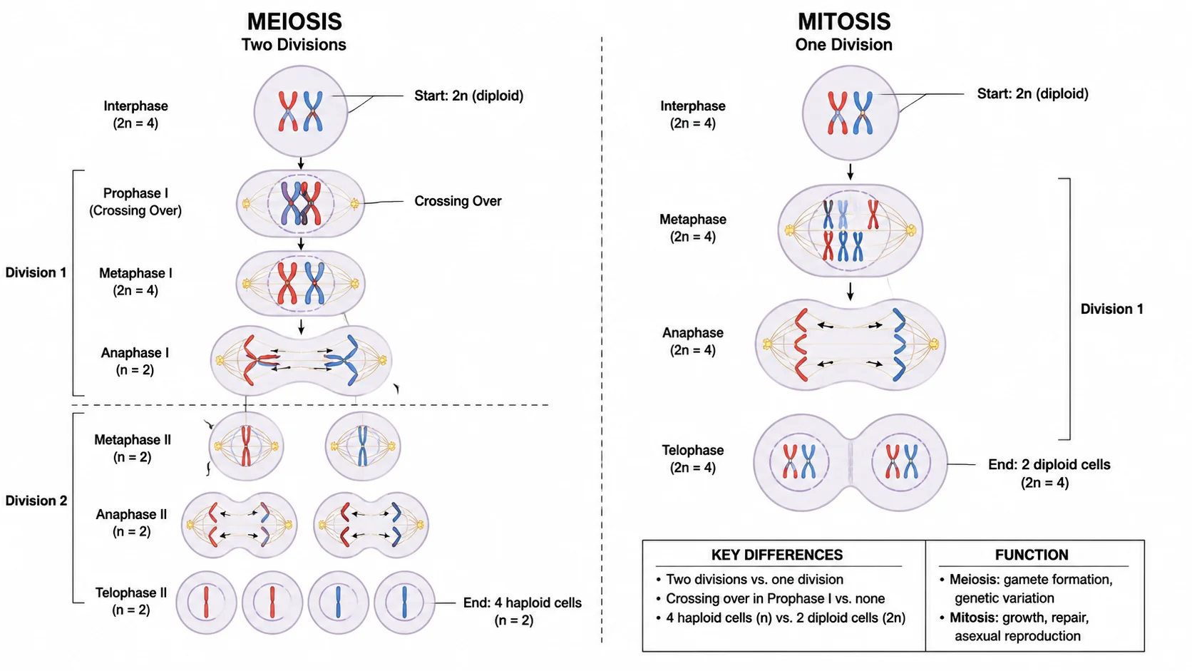 Side-by-side comparison diagram of meiosis and mitosis showing the key differences in cell division.