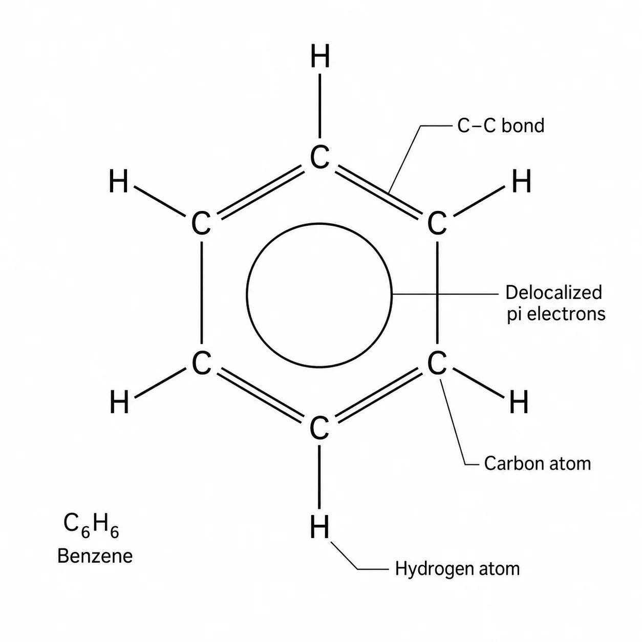 Skeletal structure of benzene showing the regular hexagon with alternating double bonds.