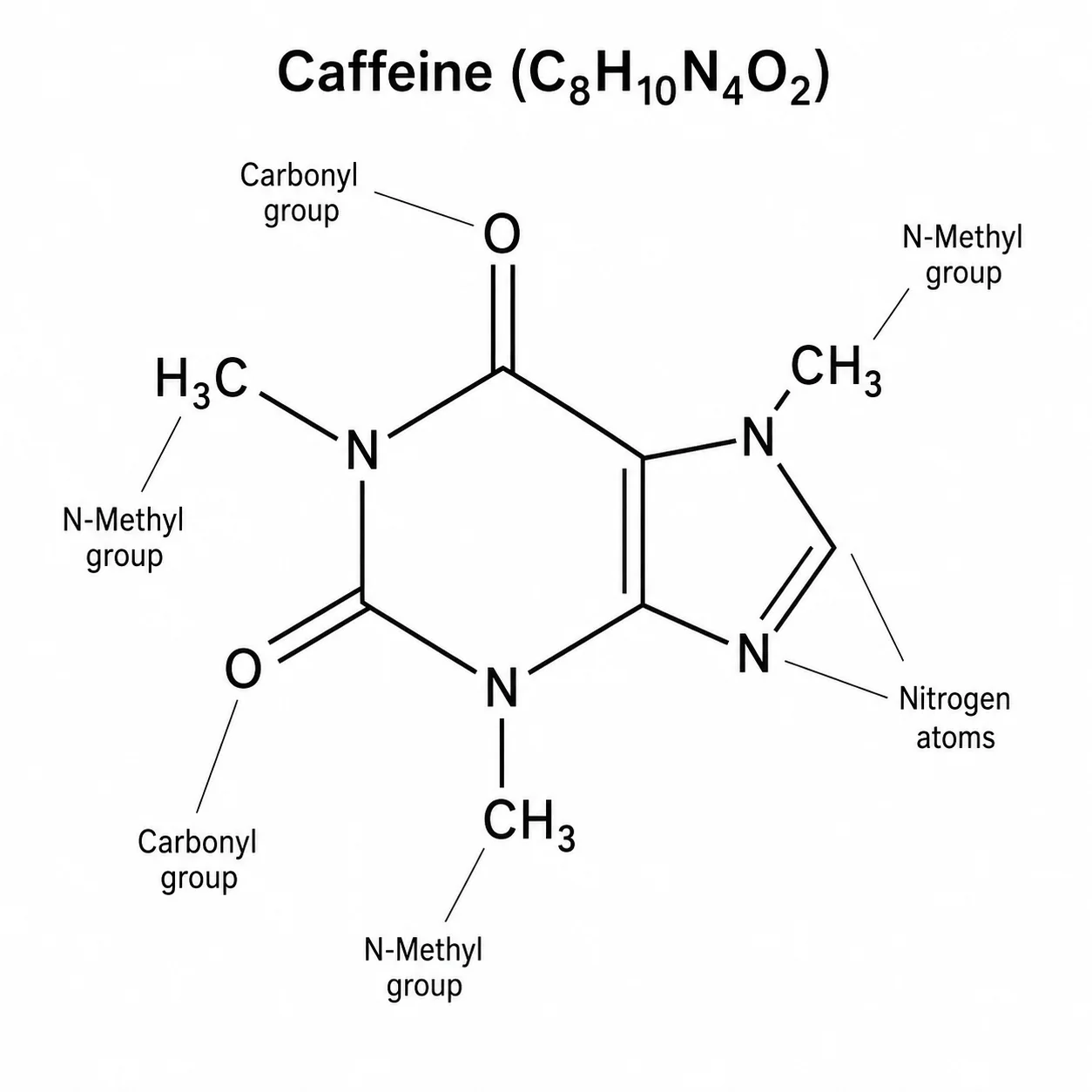 Skeletal structure of caffeine showing the fused purine ring system with methyl groups.