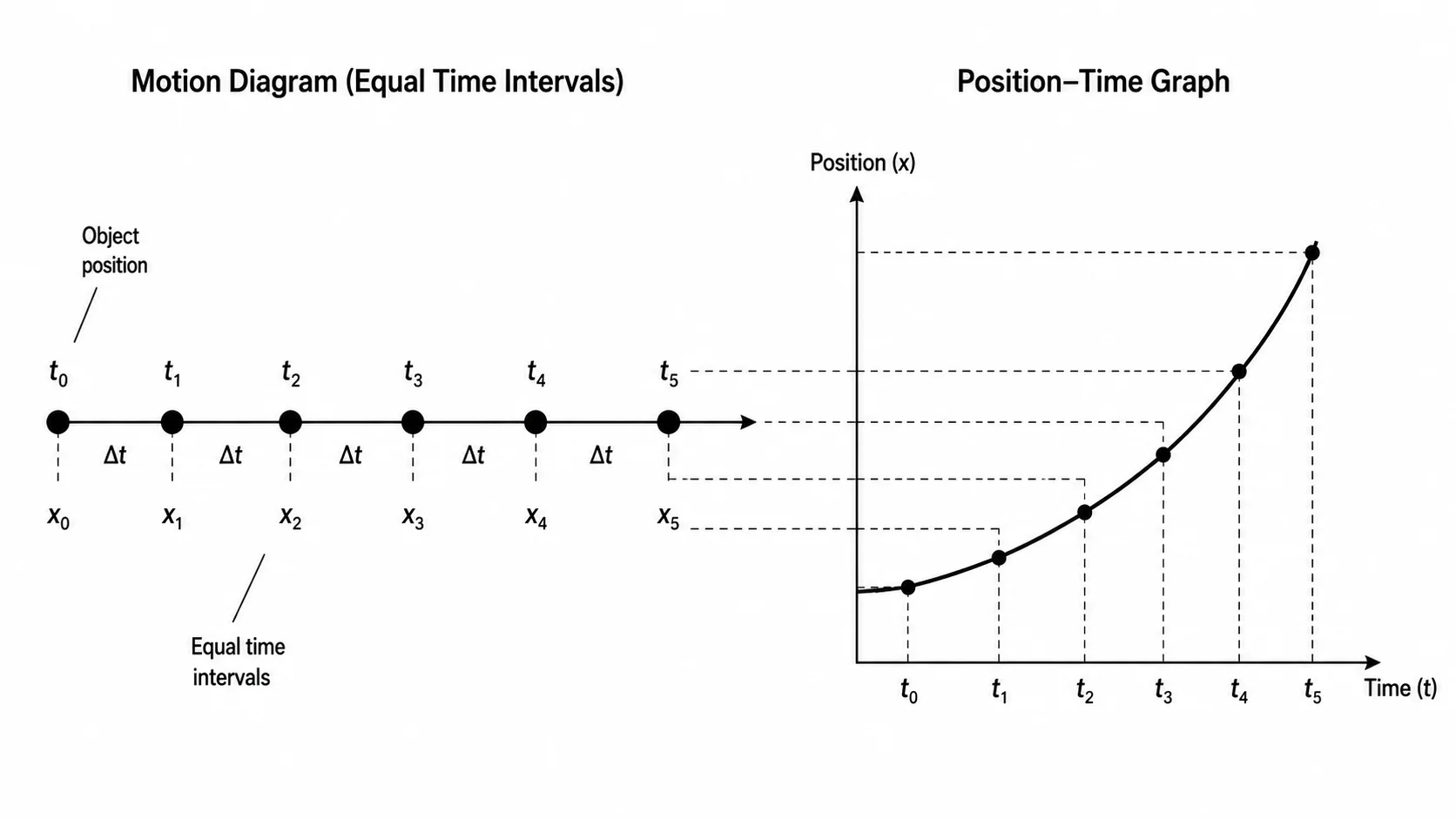 Physics motion diagram paired with a position-time graph showing how dot spacing maps to the slope.