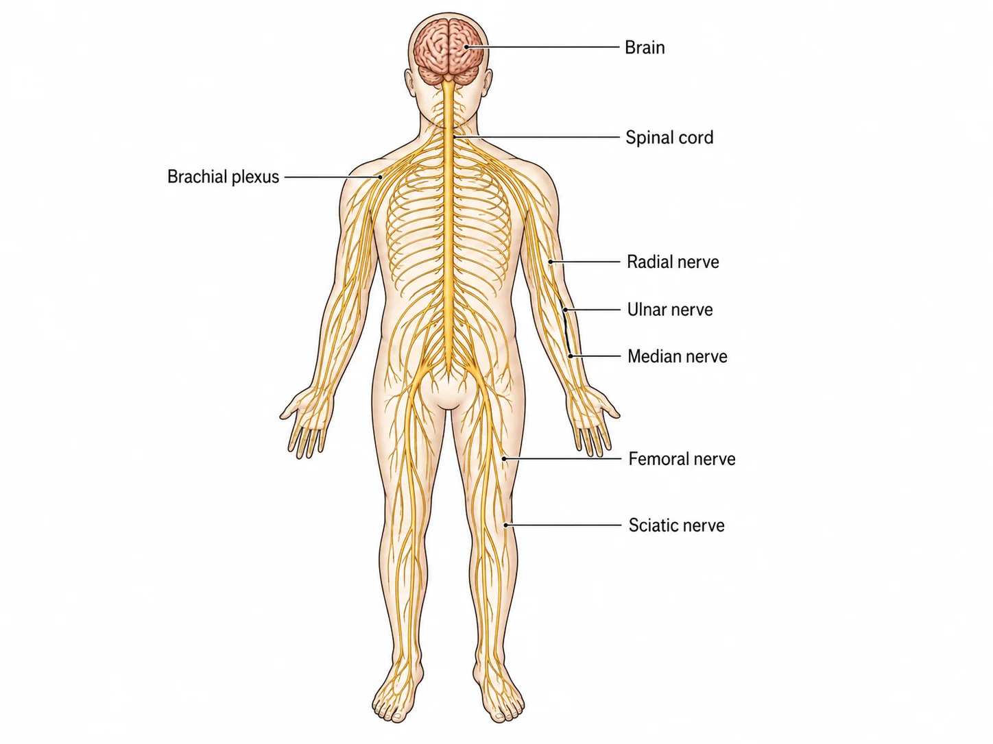 Full labeled human nervous system diagram showing the brain, spinal cord, and peripheral nerves throughout the body.