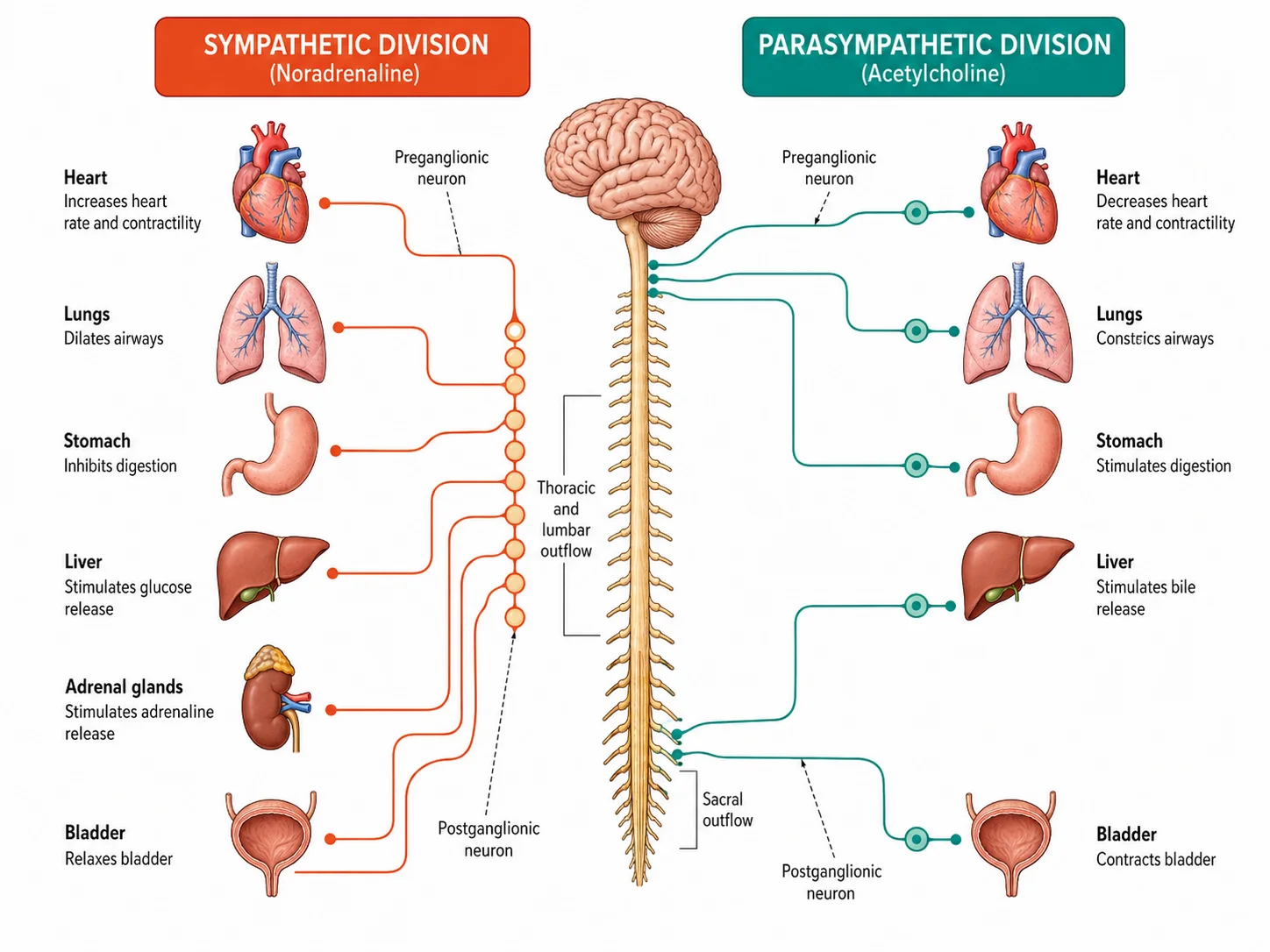 Side-by-side diagram comparing the sympathetic and parasympathetic divisions of the autonomic nervous system.