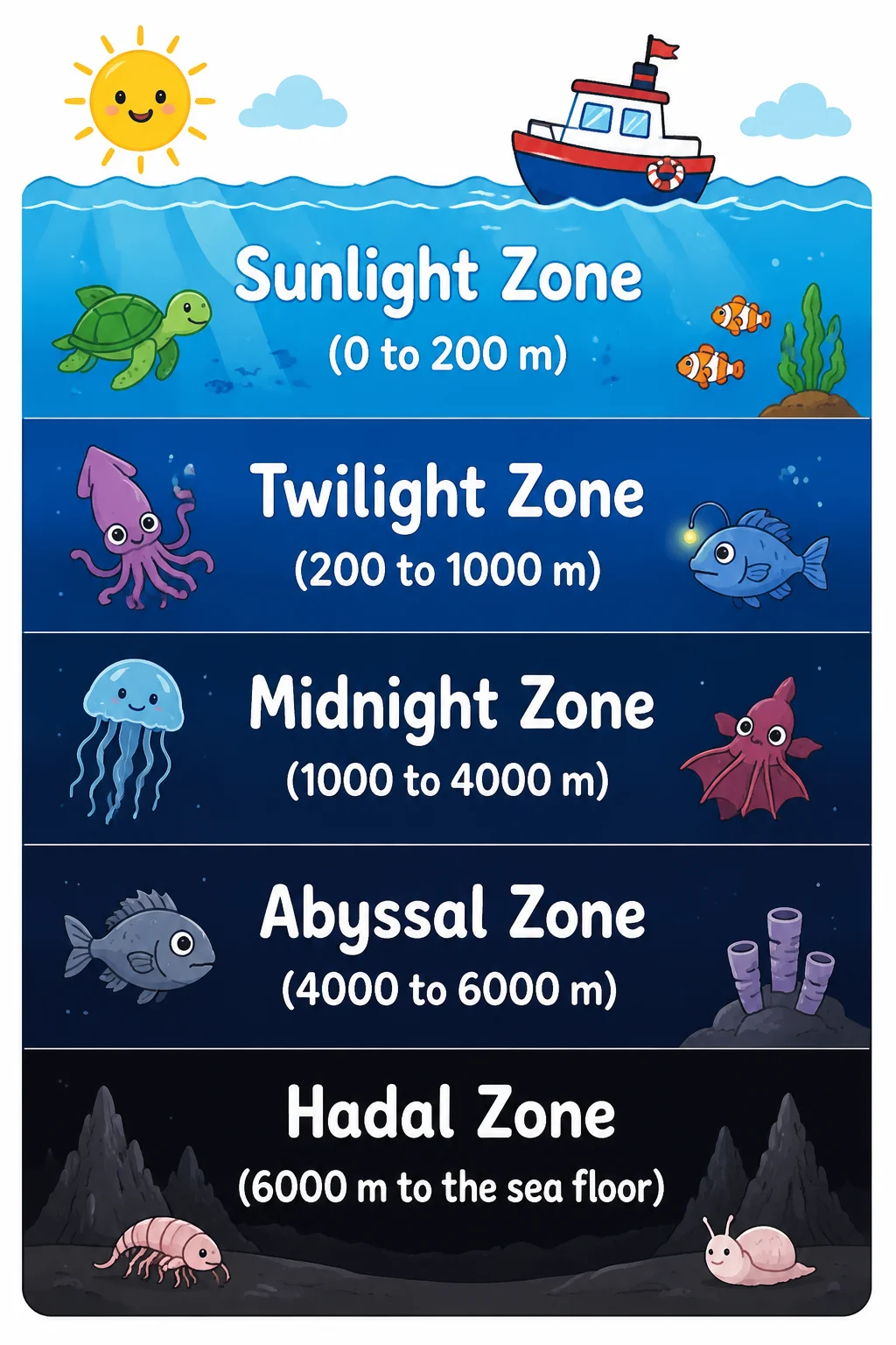 A simple, colorful ocean zones diagram for young learners with large readable labels.