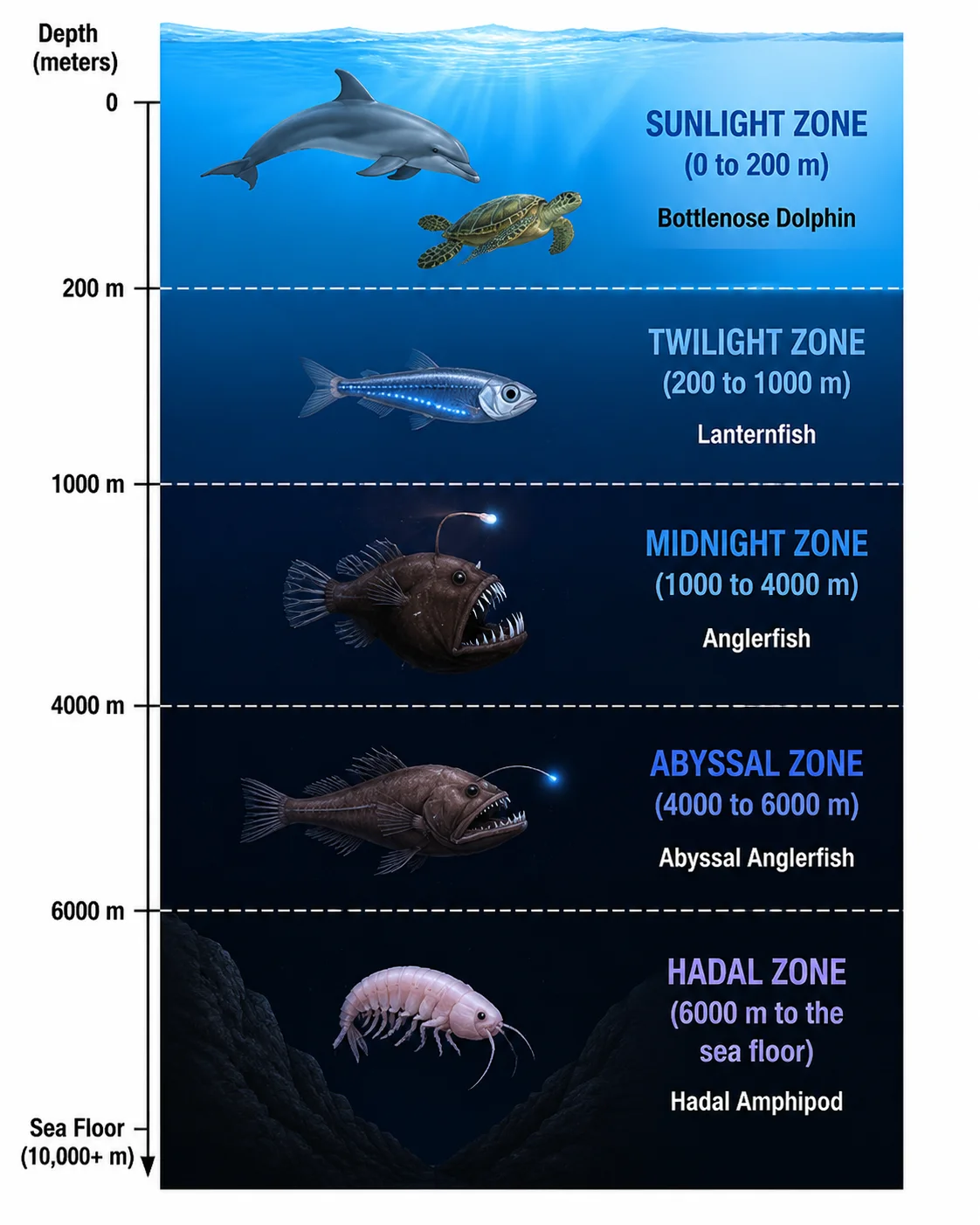 An ocean zones diagram with a labeled sea creature living in each of the five depth zones.
