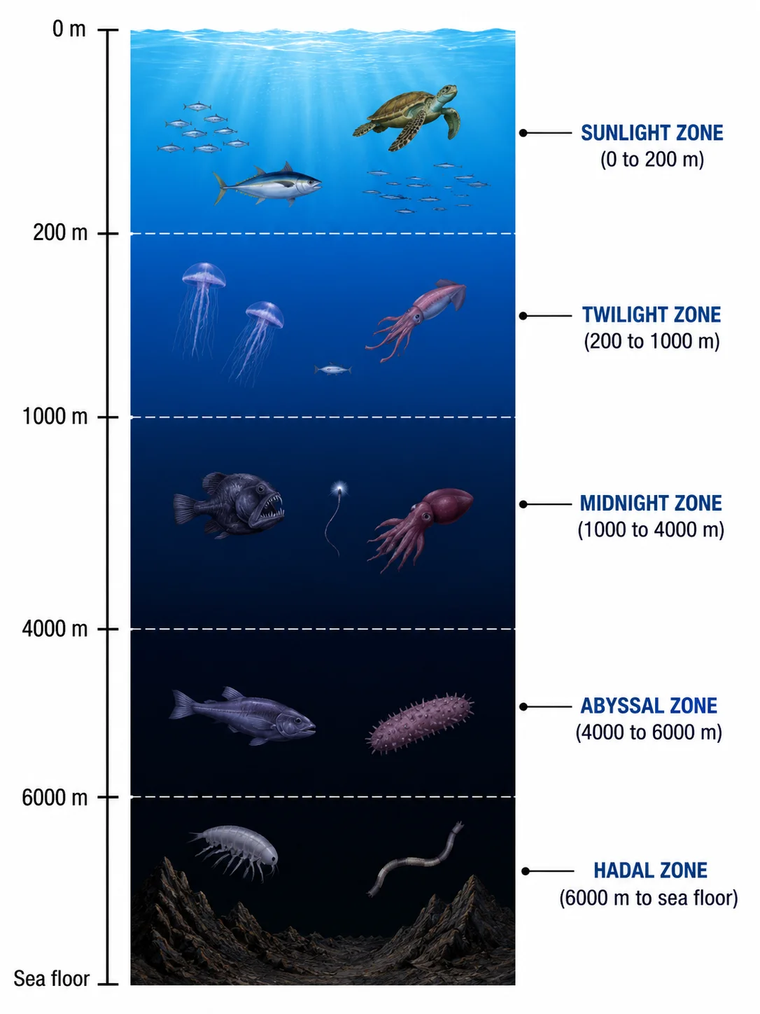An ocean zones diagram with a depth scale in meters running down the side.