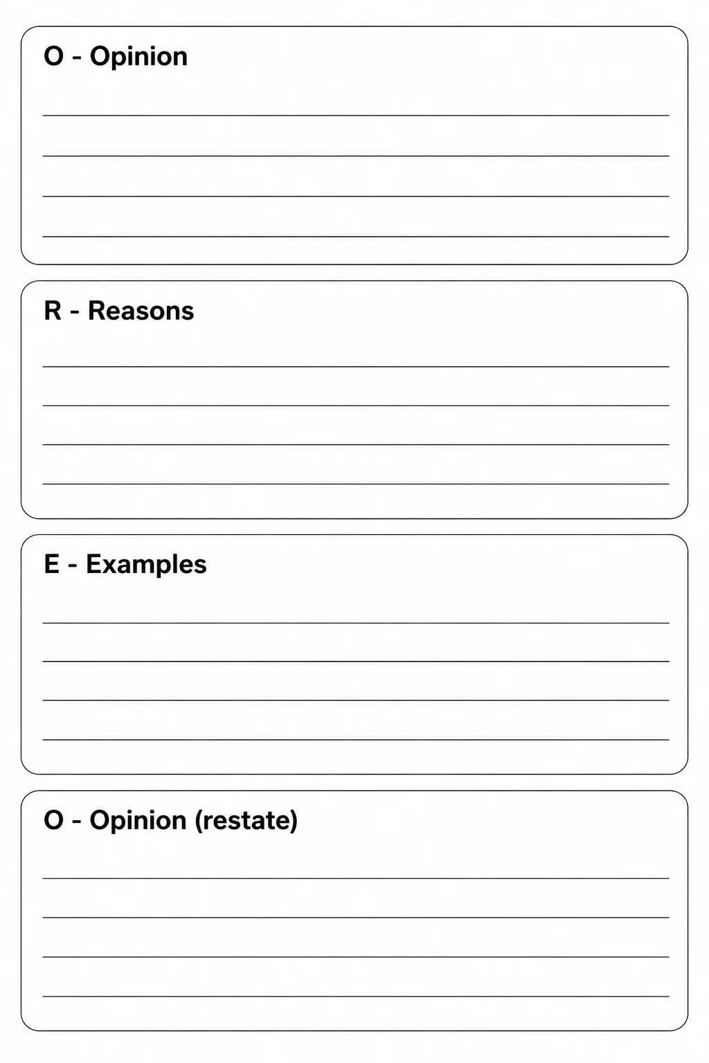 Blank OREO opinion writing template with four empty stacked boxes labeled Opinion, Reasons, Examples, and Opinion.